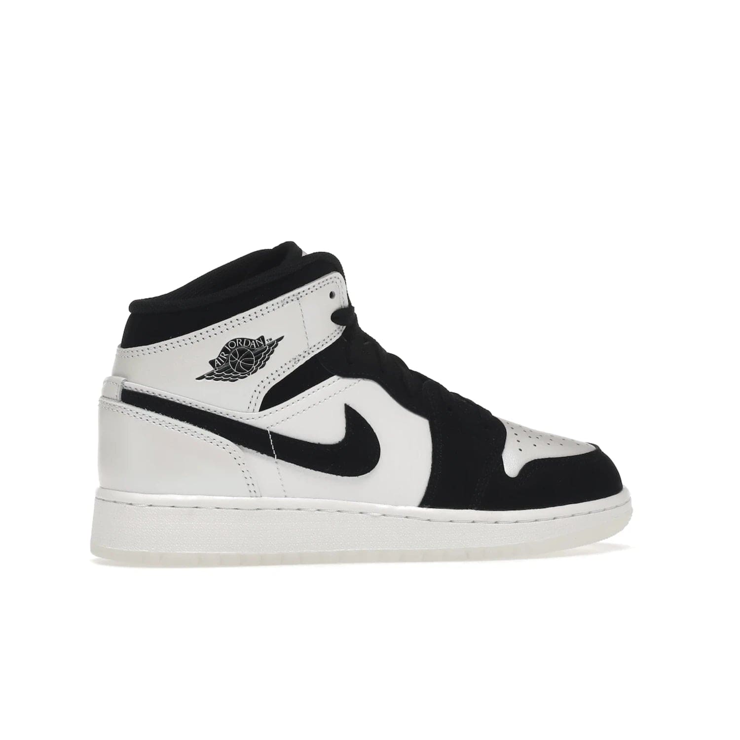 Jordan 1 Mid Diamond Shorts (GS) - Image 35 - Only at www.BallersClubKickz.com - Get the Jordan 1 Mid Diamond Shorts GS on 9th Feb 2022! Features a white, black & suede design with nylon tongue, stamped wings logo, rubber midsole & outsole. Only $100!