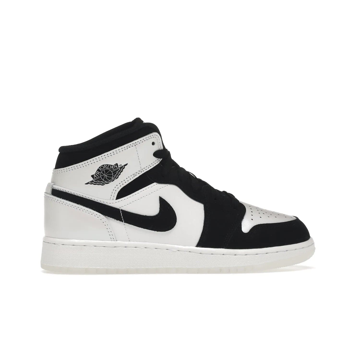 Jordan 1 Mid Diamond Shorts (GS) - Image 36 - Only at www.BallersClubKickz.com - Get the Jordan 1 Mid Diamond Shorts GS on 9th Feb 2022! Features a white, black & suede design with nylon tongue, stamped wings logo, rubber midsole & outsole. Only $100!