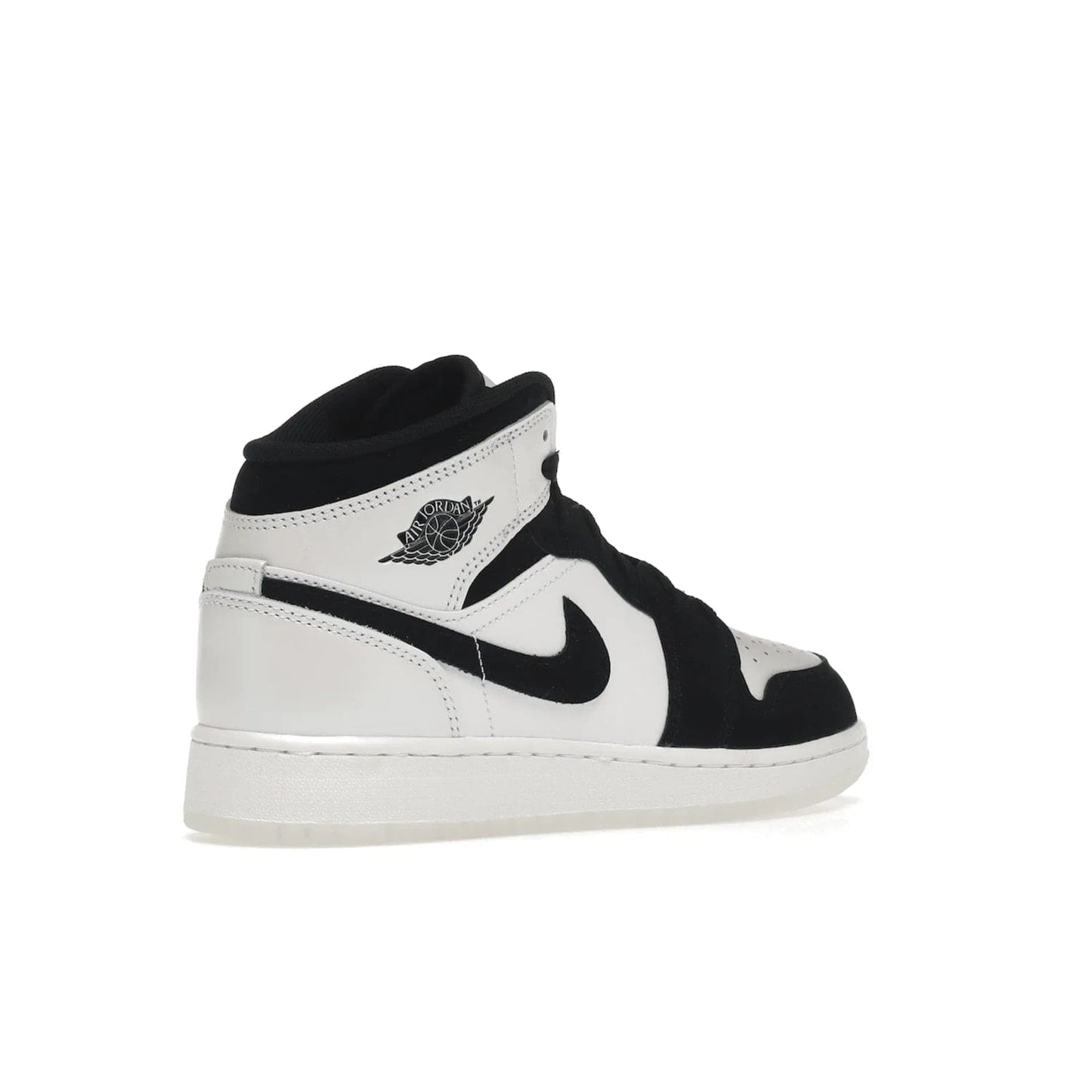 Jordan 1 Mid Diamond Shorts (GS) - Image 33 - Only at www.BallersClubKickz.com - Get the Jordan 1 Mid Diamond Shorts GS on 9th Feb 2022! Features a white, black & suede design with nylon tongue, stamped wings logo, rubber midsole & outsole. Only $100!