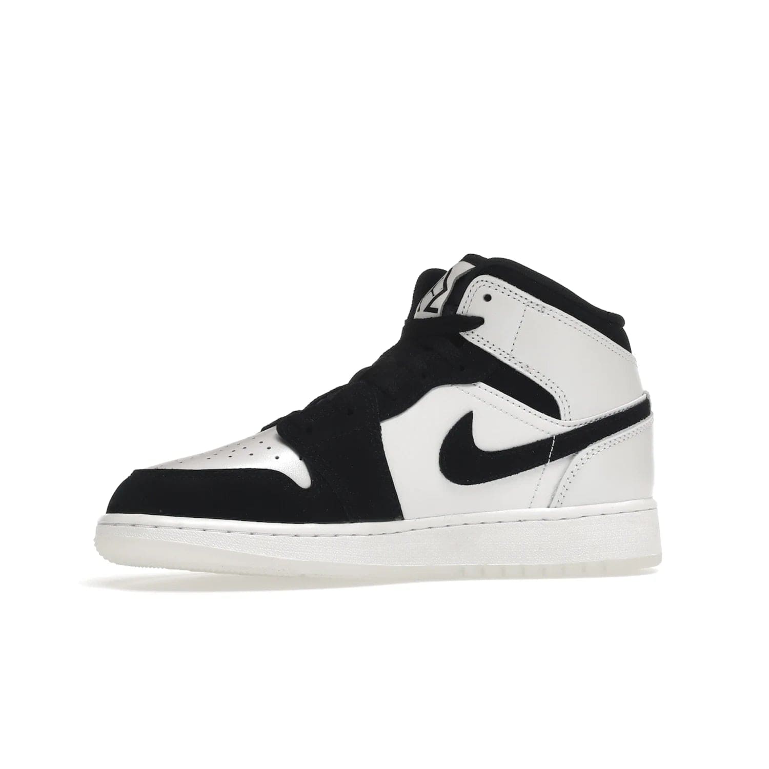 Jordan 1 Mid Diamond Shorts (GS) - Image 17 - Only at www.BallersClubKickz.com - Get the Jordan 1 Mid Diamond Shorts GS on 9th Feb 2022! Features a white, black & suede design with nylon tongue, stamped wings logo, rubber midsole & outsole. Only $100!