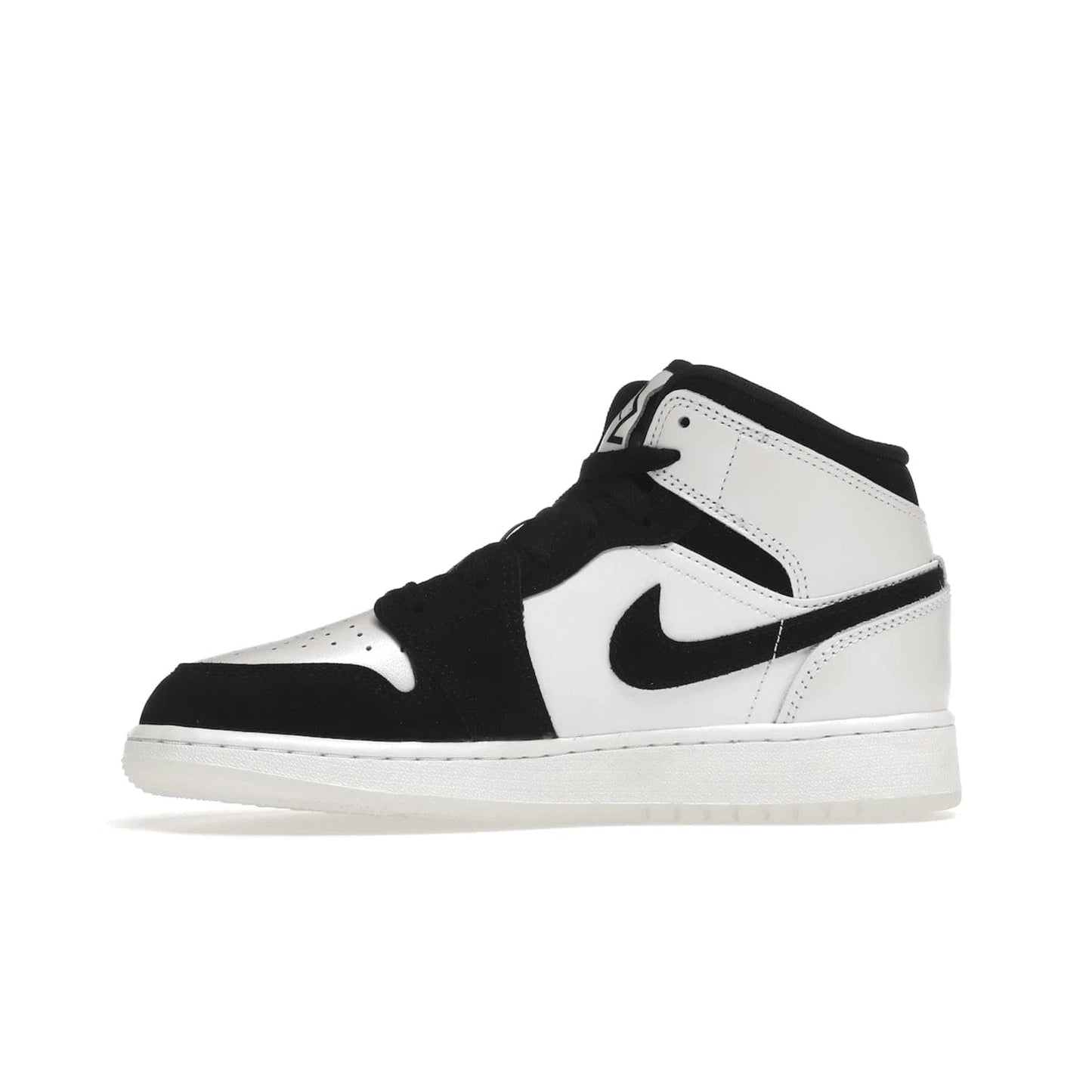 Jordan 1 Mid Diamond Shorts (GS) - Image 18 - Only at www.BallersClubKickz.com - Get the Jordan 1 Mid Diamond Shorts GS on 9th Feb 2022! Features a white, black & suede design with nylon tongue, stamped wings logo, rubber midsole & outsole. Only $100!