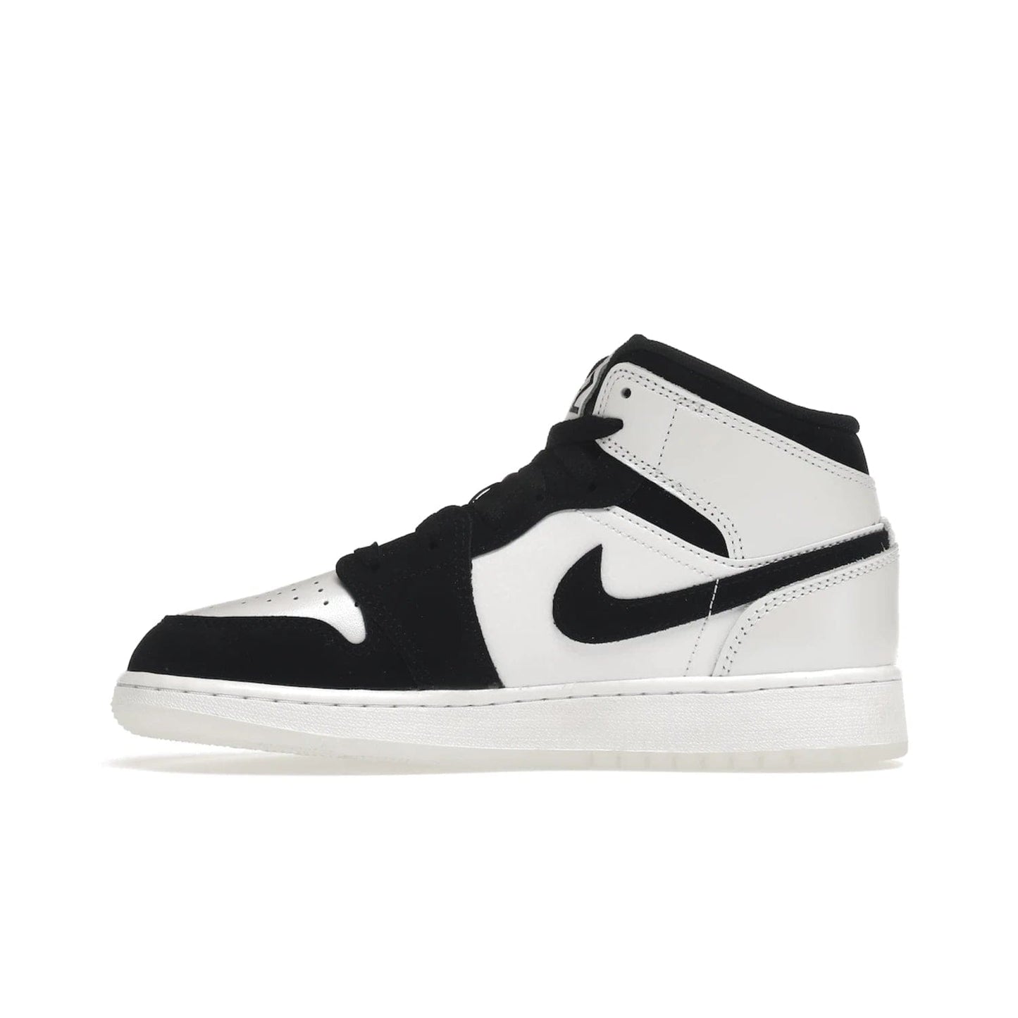 Jordan 1 Mid Diamond Shorts (GS) - Image 19 - Only at www.BallersClubKickz.com - Get the Jordan 1 Mid Diamond Shorts GS on 9th Feb 2022! Features a white, black & suede design with nylon tongue, stamped wings logo, rubber midsole & outsole. Only $100!