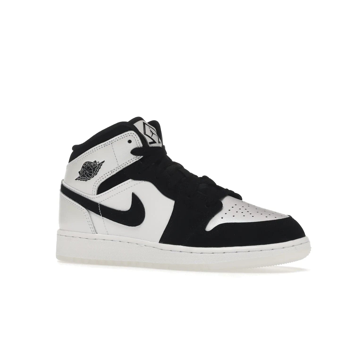 Jordan 1 Mid Diamond Shorts (GS) - Image 4 - Only at www.BallersClubKickz.com - Get the Jordan 1 Mid Diamond Shorts GS on 9th Feb 2022! Features a white, black & suede design with nylon tongue, stamped wings logo, rubber midsole & outsole. Only $100!