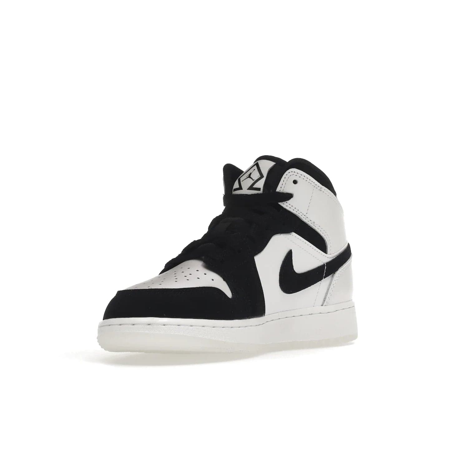 Jordan 1 Mid Diamond Shorts (GS) - Image 14 - Only at www.BallersClubKickz.com - Get the Jordan 1 Mid Diamond Shorts GS on 9th Feb 2022! Features a white, black & suede design with nylon tongue, stamped wings logo, rubber midsole & outsole. Only $100!