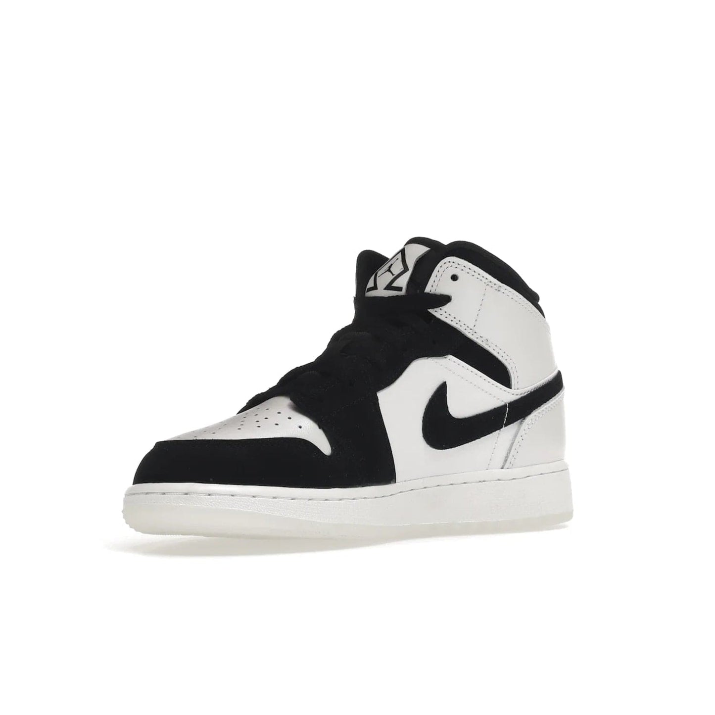 Jordan 1 Mid Diamond Shorts (GS) - Image 15 - Only at www.BallersClubKickz.com - Get the Jordan 1 Mid Diamond Shorts GS on 9th Feb 2022! Features a white, black & suede design with nylon tongue, stamped wings logo, rubber midsole & outsole. Only $100!