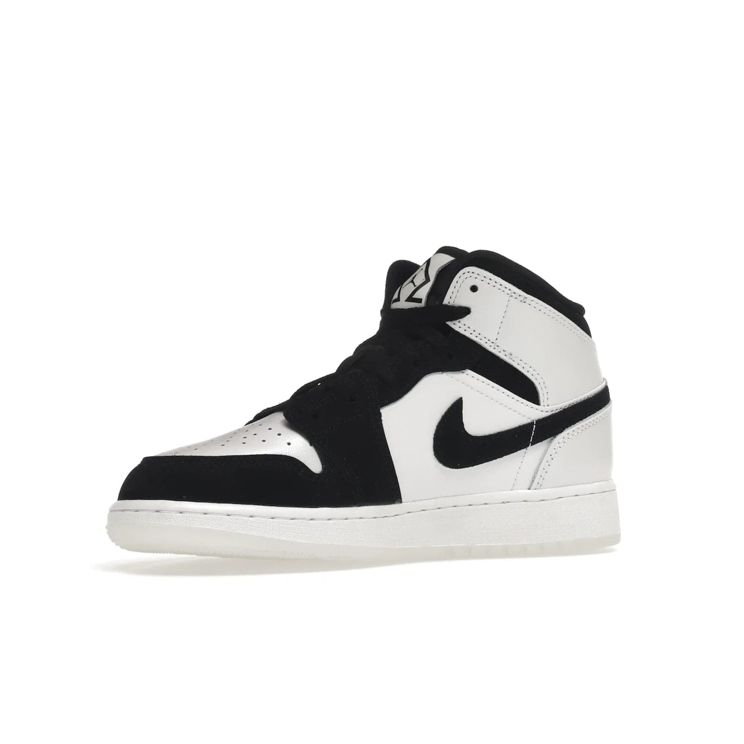 Jordan 1 Mid Diamond Shorts (GS) - Image 16 - Only at www.BallersClubKickz.com - Get the Jordan 1 Mid Diamond Shorts GS on 9th Feb 2022! Features a white, black & suede design with nylon tongue, stamped wings logo, rubber midsole & outsole. Only $100!