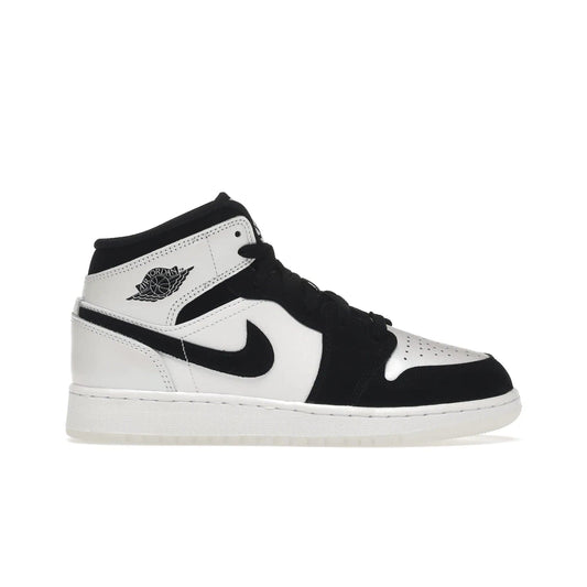 Jordan 1 Mid Diamond Shorts (GS) - Image 1 - Only at www.BallersClubKickz.com - Get the Jordan 1 Mid Diamond Shorts GS on 9th Feb 2022! Features a white, black & suede design with nylon tongue, stamped wings logo, rubber midsole & outsole. Only $100!