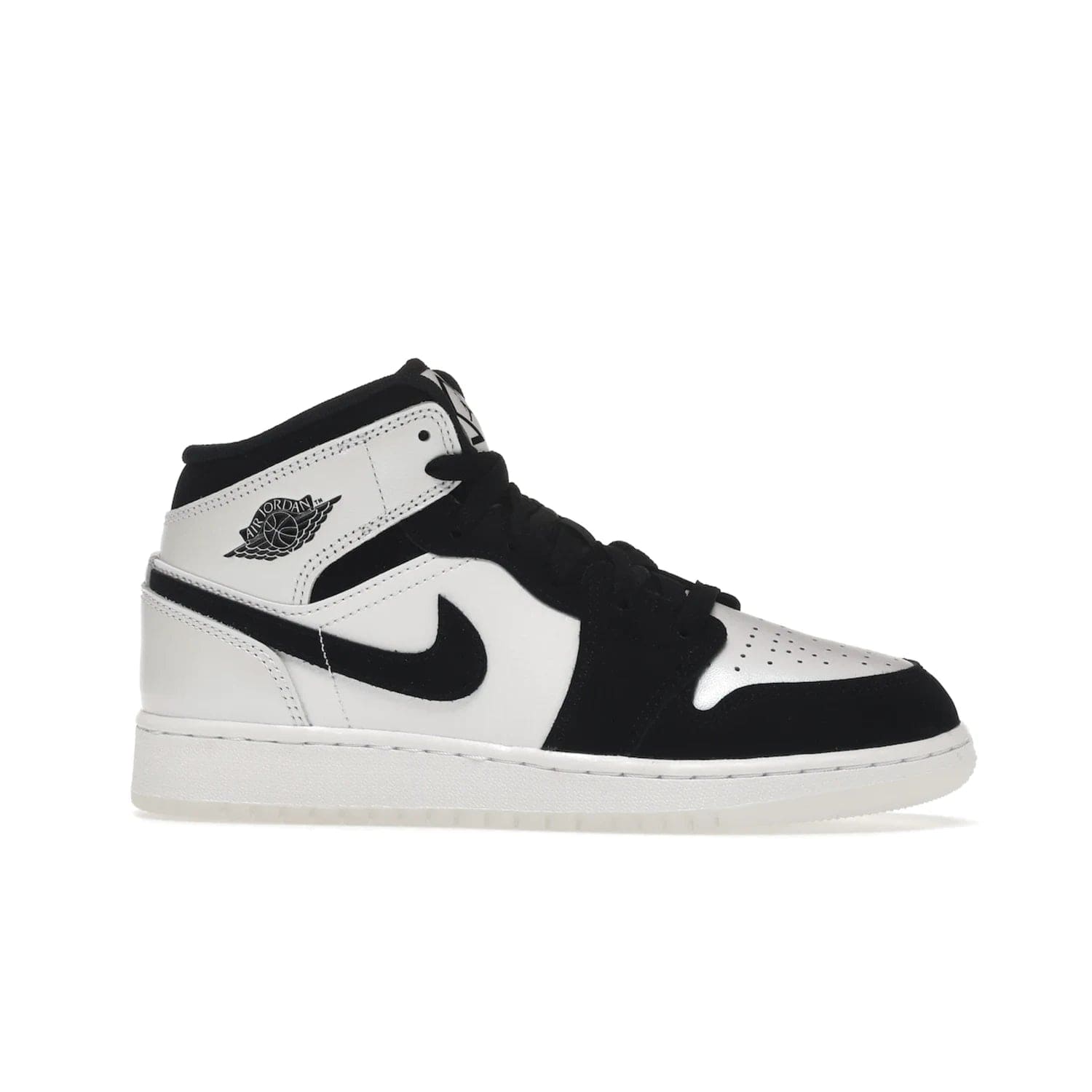 Jordan 1 Mid Diamond Shorts (GS) - Image 2 - Only at www.BallersClubKickz.com - Get the Jordan 1 Mid Diamond Shorts GS on 9th Feb 2022! Features a white, black & suede design with nylon tongue, stamped wings logo, rubber midsole & outsole. Only $100!