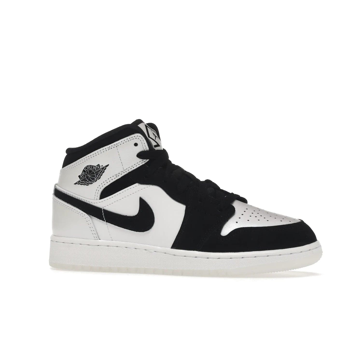 Jordan 1 Mid Diamond Shorts (GS) - Image 3 - Only at www.BallersClubKickz.com - Get the Jordan 1 Mid Diamond Shorts GS on 9th Feb 2022! Features a white, black & suede design with nylon tongue, stamped wings logo, rubber midsole & outsole. Only $100!
