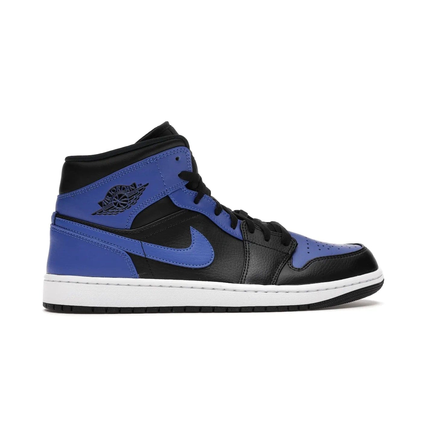 Jordan 1 Mid Hyper Royal Tumbled Leather - Image 36 - Only at www.BallersClubKickz.com - Iconic colorway of the Air Jordan 1 Mid Black Royal Tumbled Leather. Features a black tumbled leather upper, royal blue leather overlays, white midsole & black rubber outsole. Released December 2020. Adds premium style to any collection.