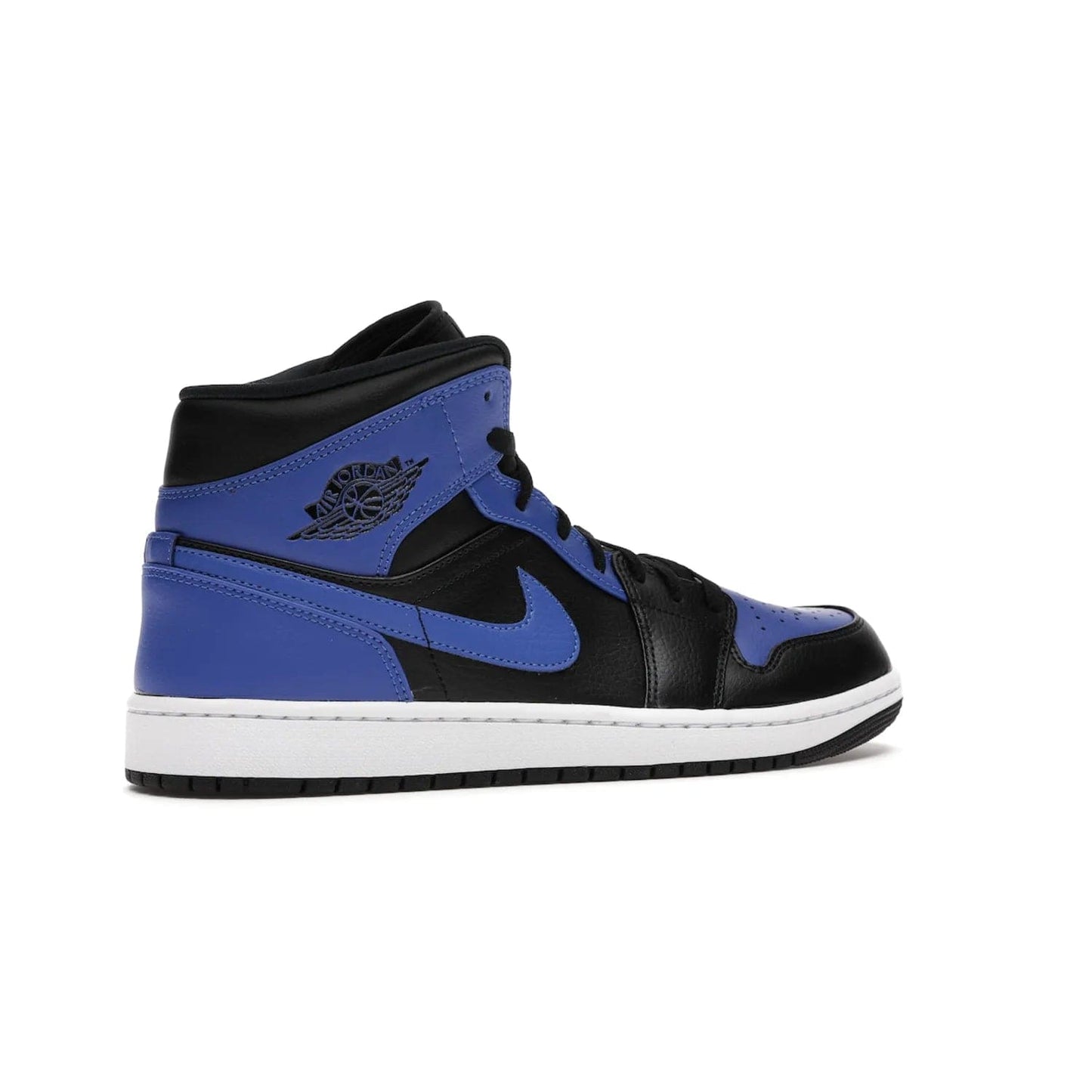 Jordan 1 Mid Hyper Royal Tumbled Leather - Image 34 - Only at www.BallersClubKickz.com - Iconic colorway of the Air Jordan 1 Mid Black Royal Tumbled Leather. Features a black tumbled leather upper, royal blue leather overlays, white midsole & black rubber outsole. Released December 2020. Adds premium style to any collection.
