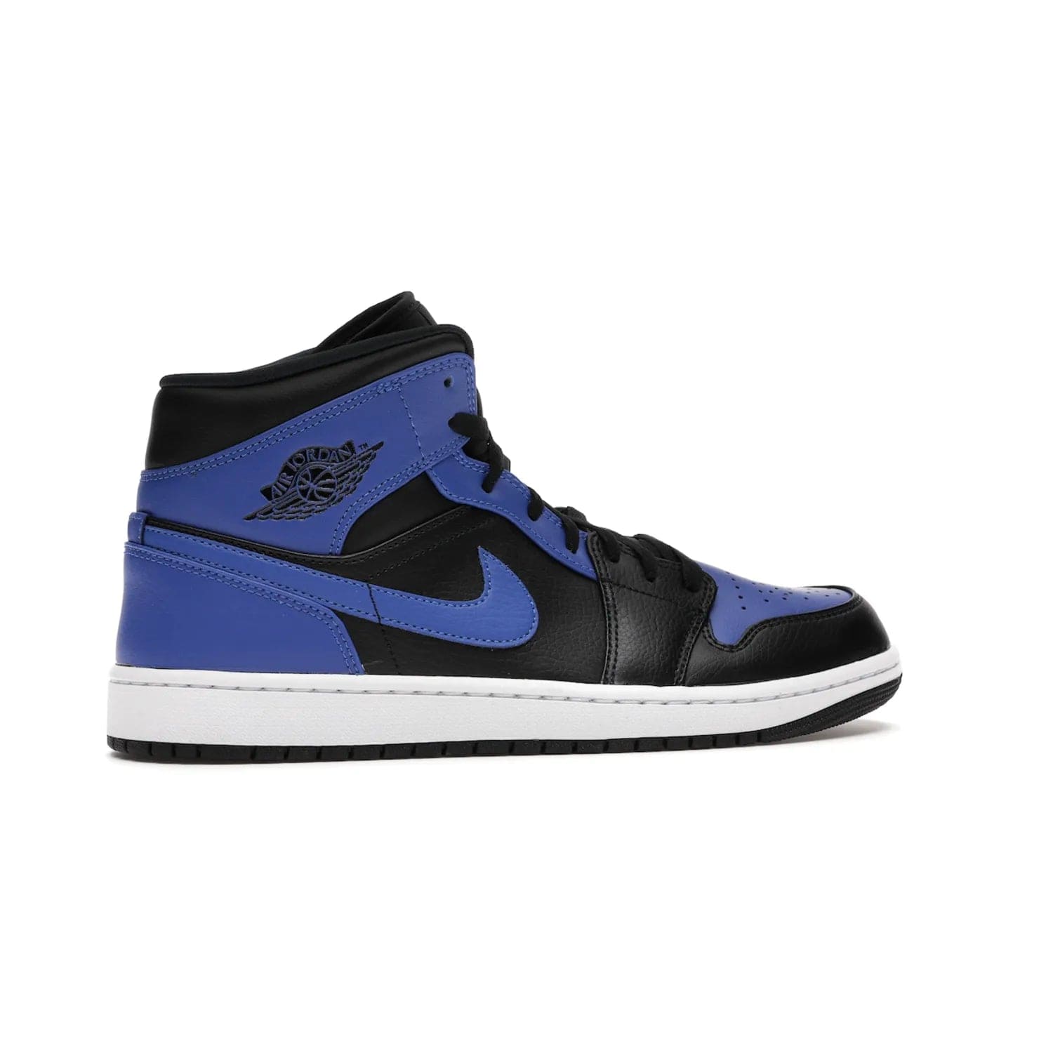 Jordan 1 Mid Hyper Royal Tumbled Leather - Image 35 - Only at www.BallersClubKickz.com - Iconic colorway of the Air Jordan 1 Mid Black Royal Tumbled Leather. Features a black tumbled leather upper, royal blue leather overlays, white midsole & black rubber outsole. Released December 2020. Adds premium style to any collection.
