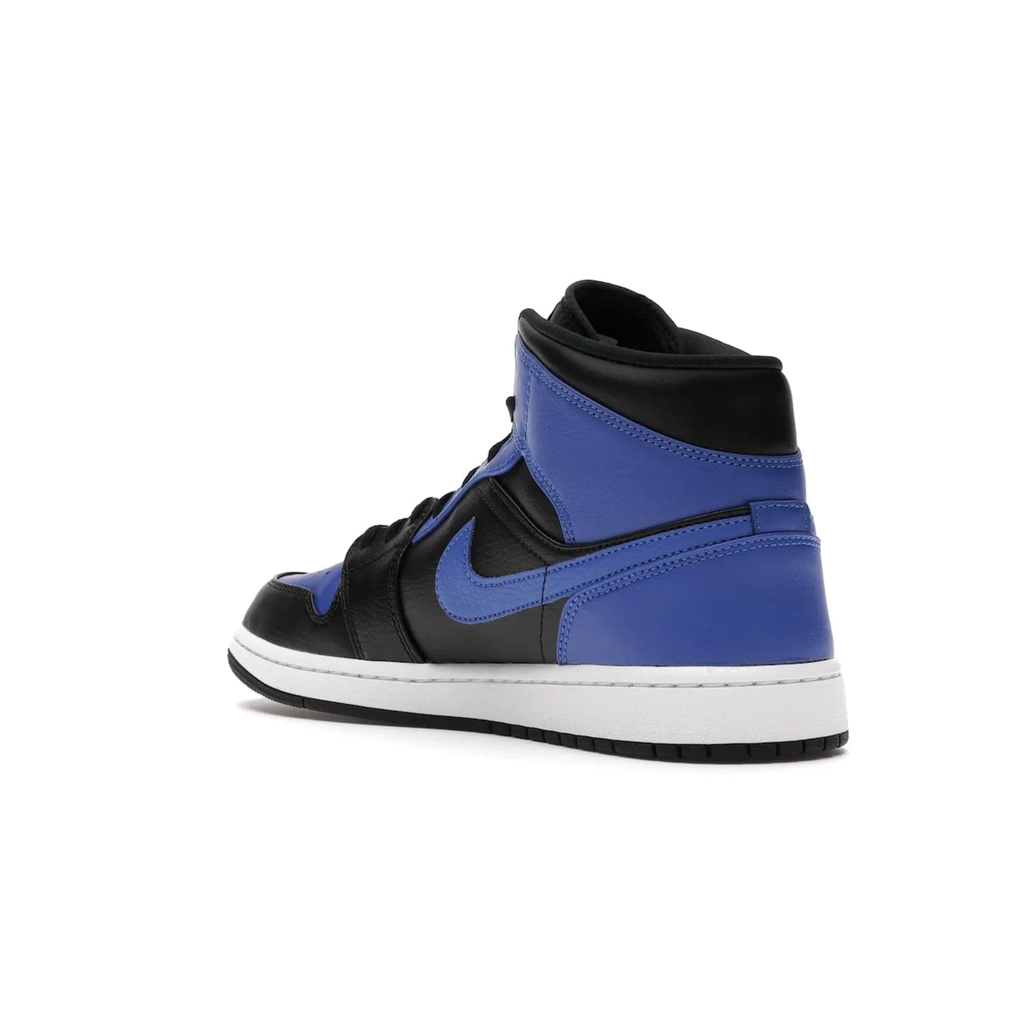Jordan 1 Mid Hyper Royal Tumbled Leather - Image 24 - Only at www.BallersClubKickz.com - Iconic colorway of the Air Jordan 1 Mid Black Royal Tumbled Leather. Features a black tumbled leather upper, royal blue leather overlays, white midsole & black rubber outsole. Released December 2020. Adds premium style to any collection.