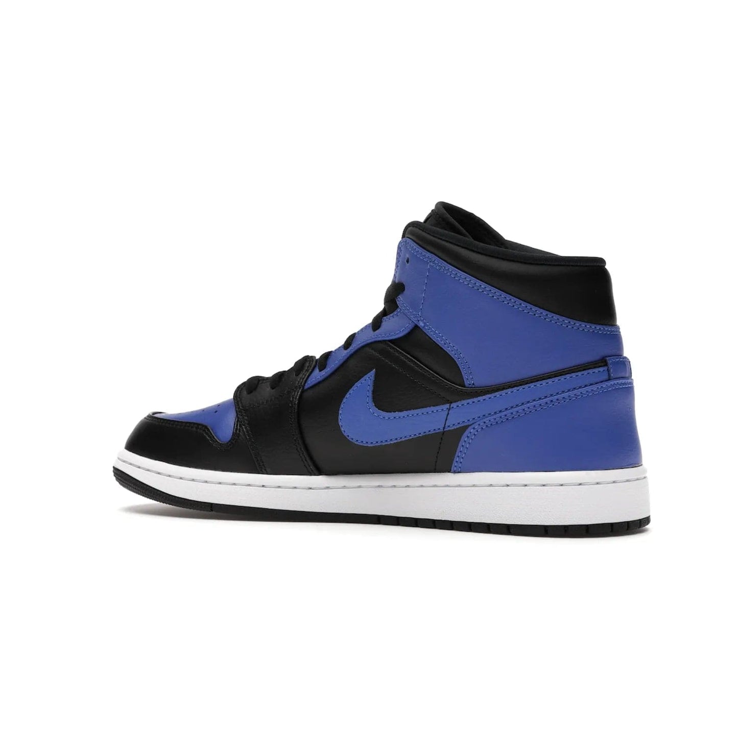 Jordan 1 Mid Hyper Royal Tumbled Leather - Image 22 - Only at www.BallersClubKickz.com - Iconic colorway of the Air Jordan 1 Mid Black Royal Tumbled Leather. Features a black tumbled leather upper, royal blue leather overlays, white midsole & black rubber outsole. Released December 2020. Adds premium style to any collection.