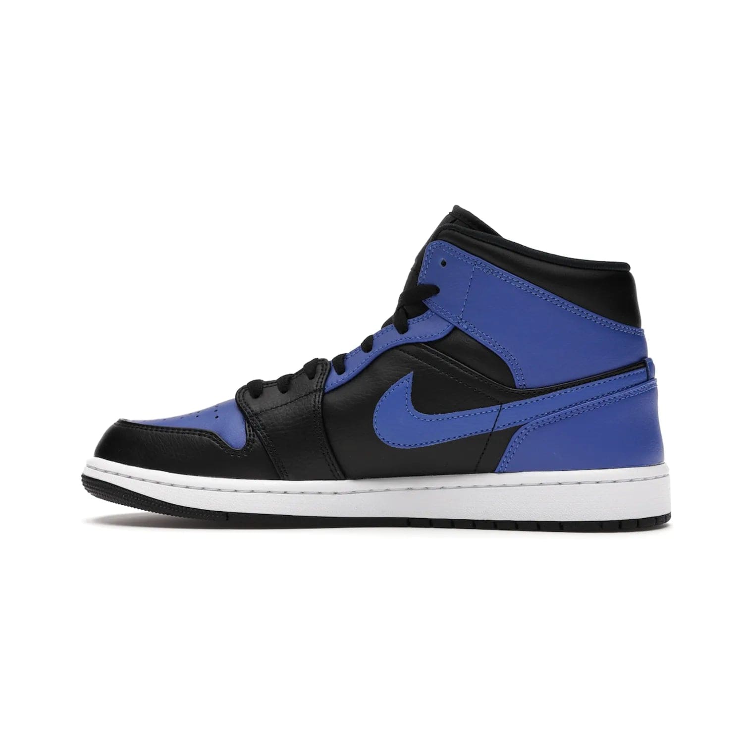 Jordan 1 Mid Hyper Royal Tumbled Leather - Image 20 - Only at www.BallersClubKickz.com - Iconic colorway of the Air Jordan 1 Mid Black Royal Tumbled Leather. Features a black tumbled leather upper, royal blue leather overlays, white midsole & black rubber outsole. Released December 2020. Adds premium style to any collection.
