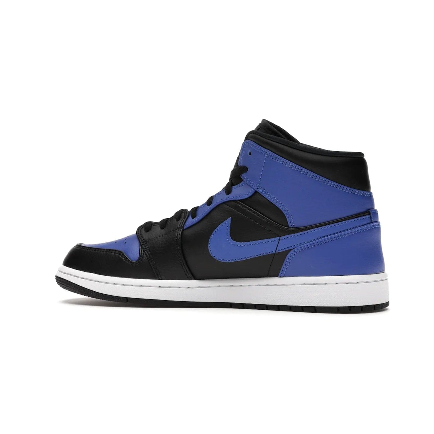 Jordan 1 Mid Hyper Royal Tumbled Leather - Image 21 - Only at www.BallersClubKickz.com - Iconic colorway of the Air Jordan 1 Mid Black Royal Tumbled Leather. Features a black tumbled leather upper, royal blue leather overlays, white midsole & black rubber outsole. Released December 2020. Adds premium style to any collection.