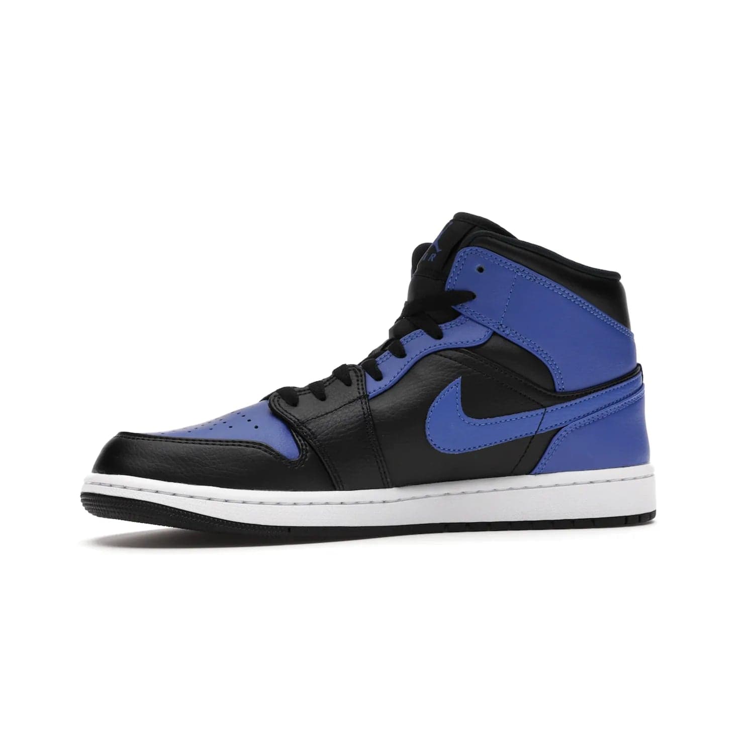 Jordan 1 Mid Hyper Royal Tumbled Leather - Image 17 - Only at www.BallersClubKickz.com - Iconic colorway of the Air Jordan 1 Mid Black Royal Tumbled Leather. Features a black tumbled leather upper, royal blue leather overlays, white midsole & black rubber outsole. Released December 2020. Adds premium style to any collection.