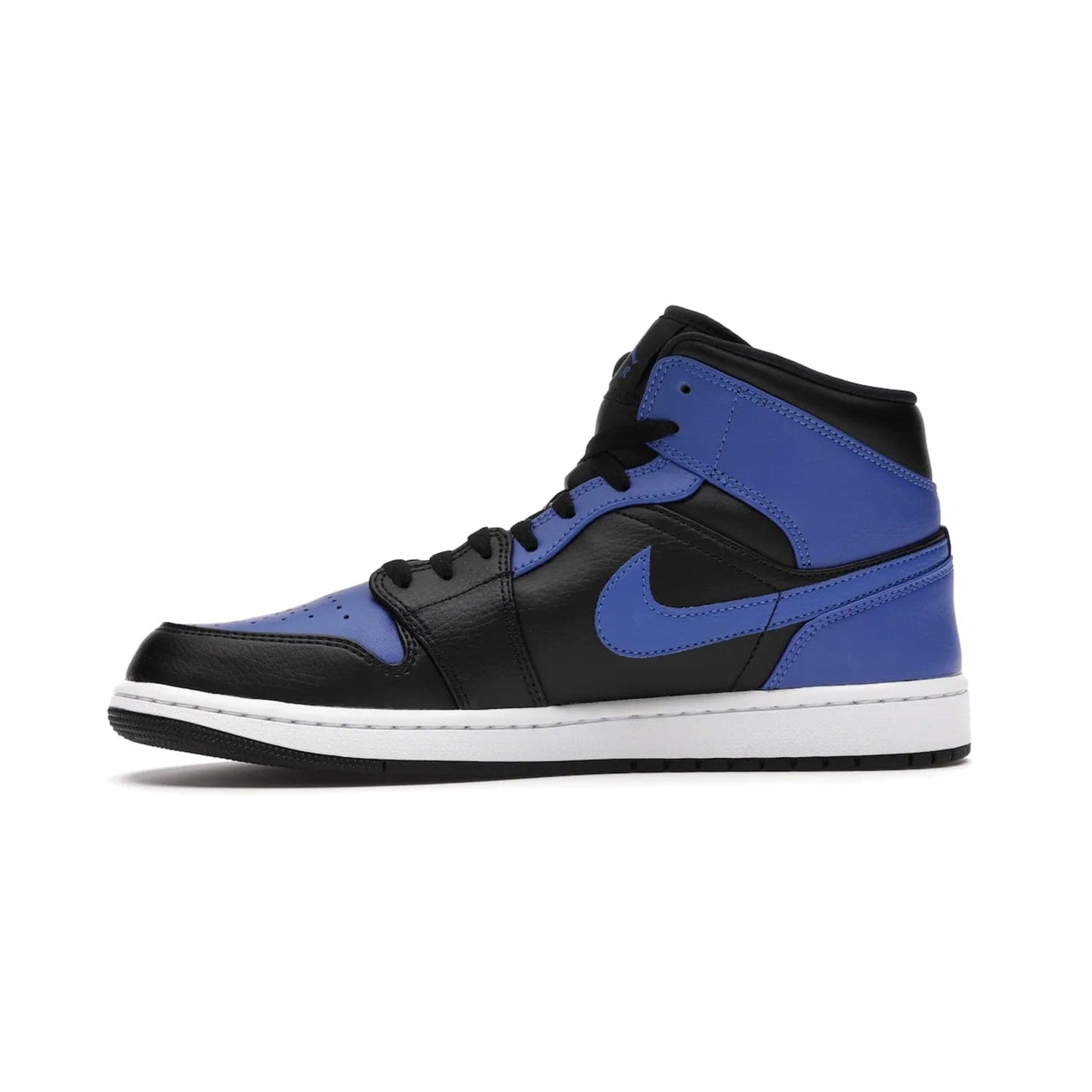Jordan 1 Mid Hyper Royal Tumbled Leather - Image 18 - Only at www.BallersClubKickz.com - Iconic colorway of the Air Jordan 1 Mid Black Royal Tumbled Leather. Features a black tumbled leather upper, royal blue leather overlays, white midsole & black rubber outsole. Released December 2020. Adds premium style to any collection.