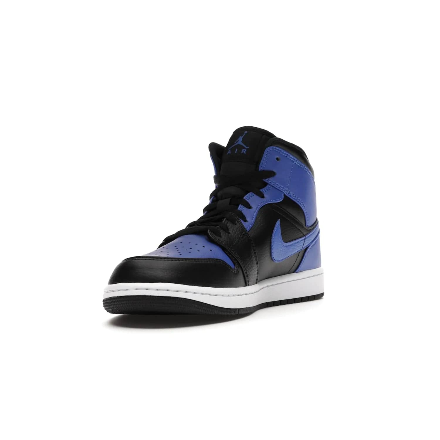 Jordan 1 Mid Hyper Royal Tumbled Leather - Image 13 - Only at www.BallersClubKickz.com - Iconic colorway of the Air Jordan 1 Mid Black Royal Tumbled Leather. Features a black tumbled leather upper, royal blue leather overlays, white midsole & black rubber outsole. Released December 2020. Adds premium style to any collection.