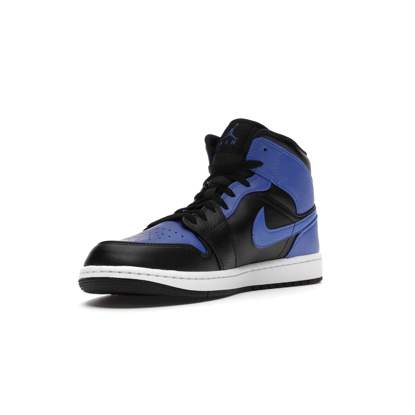 Jordan 1 Mid Hyper Royal Tumbled Leather - Image 14 - Only at www.BallersClubKickz.com - Iconic colorway of the Air Jordan 1 Mid Black Royal Tumbled Leather. Features a black tumbled leather upper, royal blue leather overlays, white midsole & black rubber outsole. Released December 2020. Adds premium style to any collection.