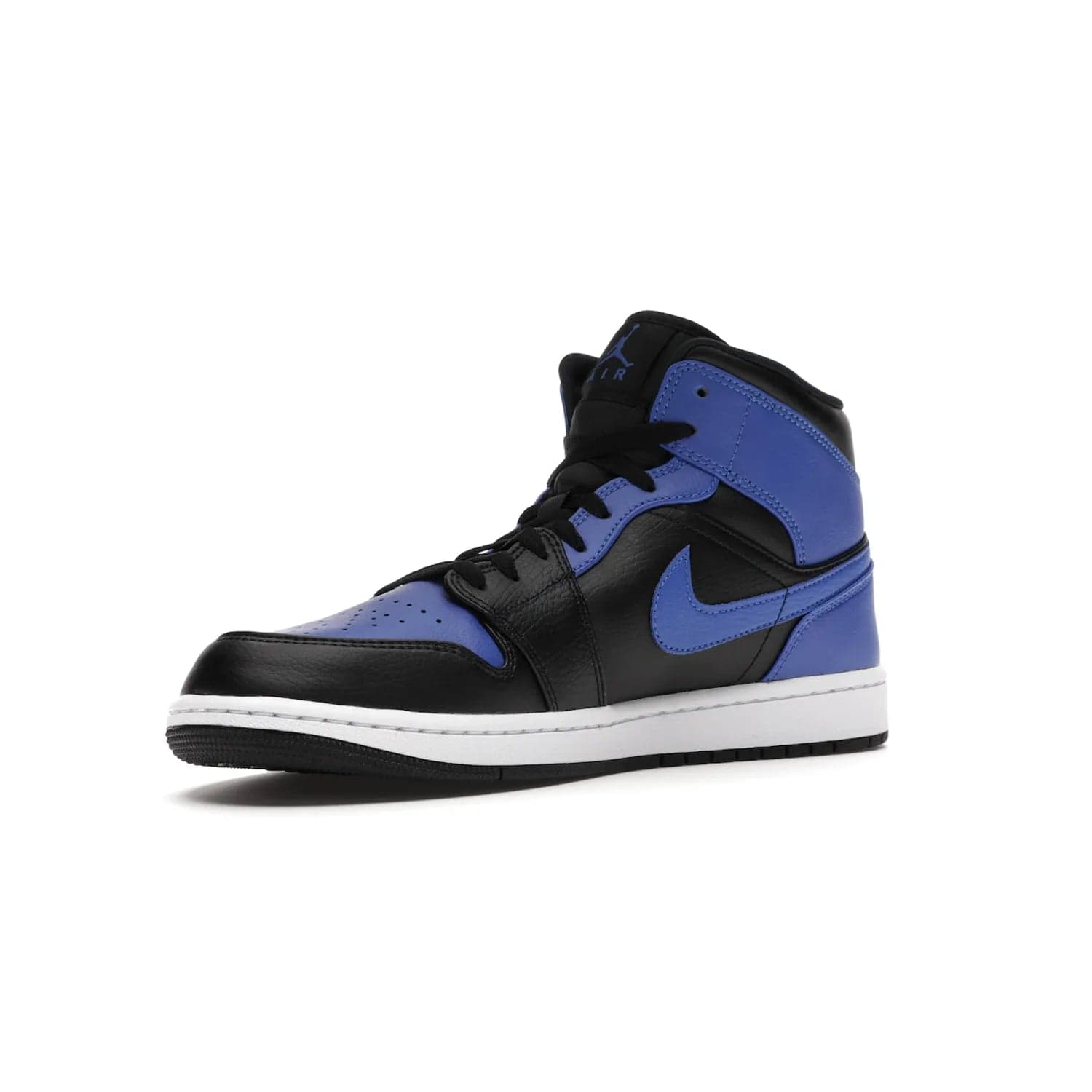 Jordan 1 Mid Hyper Royal Tumbled Leather - Image 15 - Only at www.BallersClubKickz.com - Iconic colorway of the Air Jordan 1 Mid Black Royal Tumbled Leather. Features a black tumbled leather upper, royal blue leather overlays, white midsole & black rubber outsole. Released December 2020. Adds premium style to any collection.