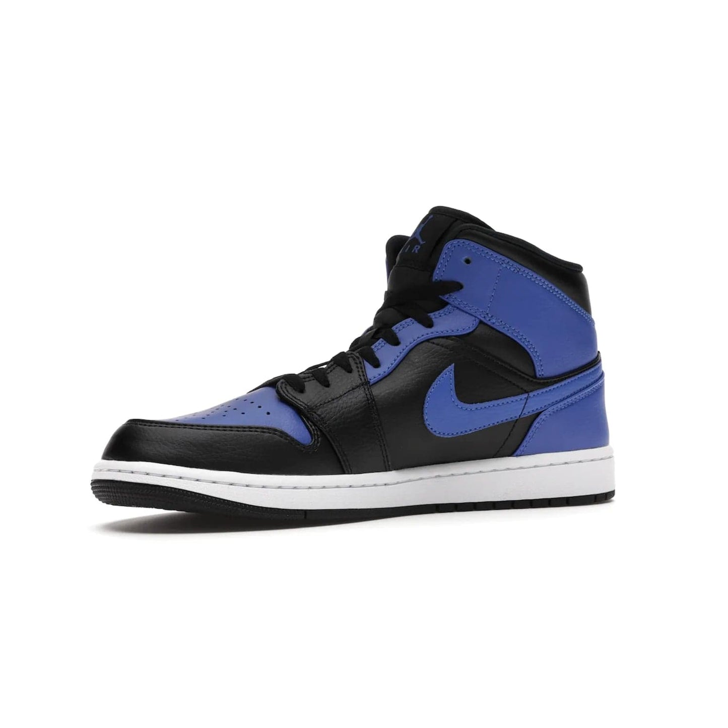 Jordan 1 Mid Hyper Royal Tumbled Leather - Image 16 - Only at www.BallersClubKickz.com - Iconic colorway of the Air Jordan 1 Mid Black Royal Tumbled Leather. Features a black tumbled leather upper, royal blue leather overlays, white midsole & black rubber outsole. Released December 2020. Adds premium style to any collection.