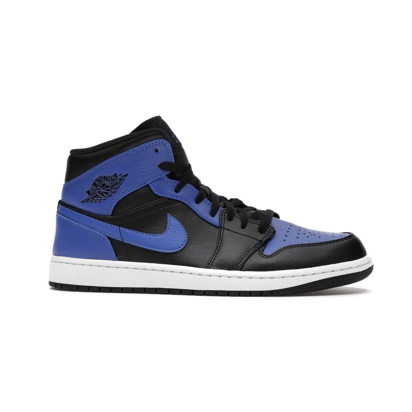 Jordan 1 Mid Hyper Royal Tumbled Leather - Image 2 - Only at www.BallersClubKickz.com - Iconic colorway of the Air Jordan 1 Mid Black Royal Tumbled Leather. Features a black tumbled leather upper, royal blue leather overlays, white midsole & black rubber outsole. Released December 2020. Adds premium style to any collection.