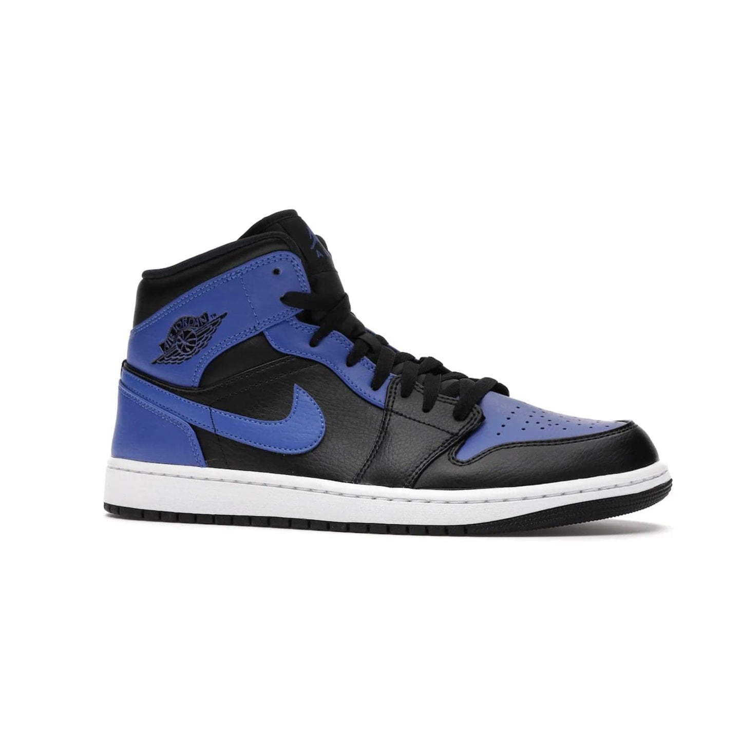 Jordan 1 Mid Hyper Royal Tumbled Leather - Image 3 - Only at www.BallersClubKickz.com - Iconic colorway of the Air Jordan 1 Mid Black Royal Tumbled Leather. Features a black tumbled leather upper, royal blue leather overlays, white midsole & black rubber outsole. Released December 2020. Adds premium style to any collection.