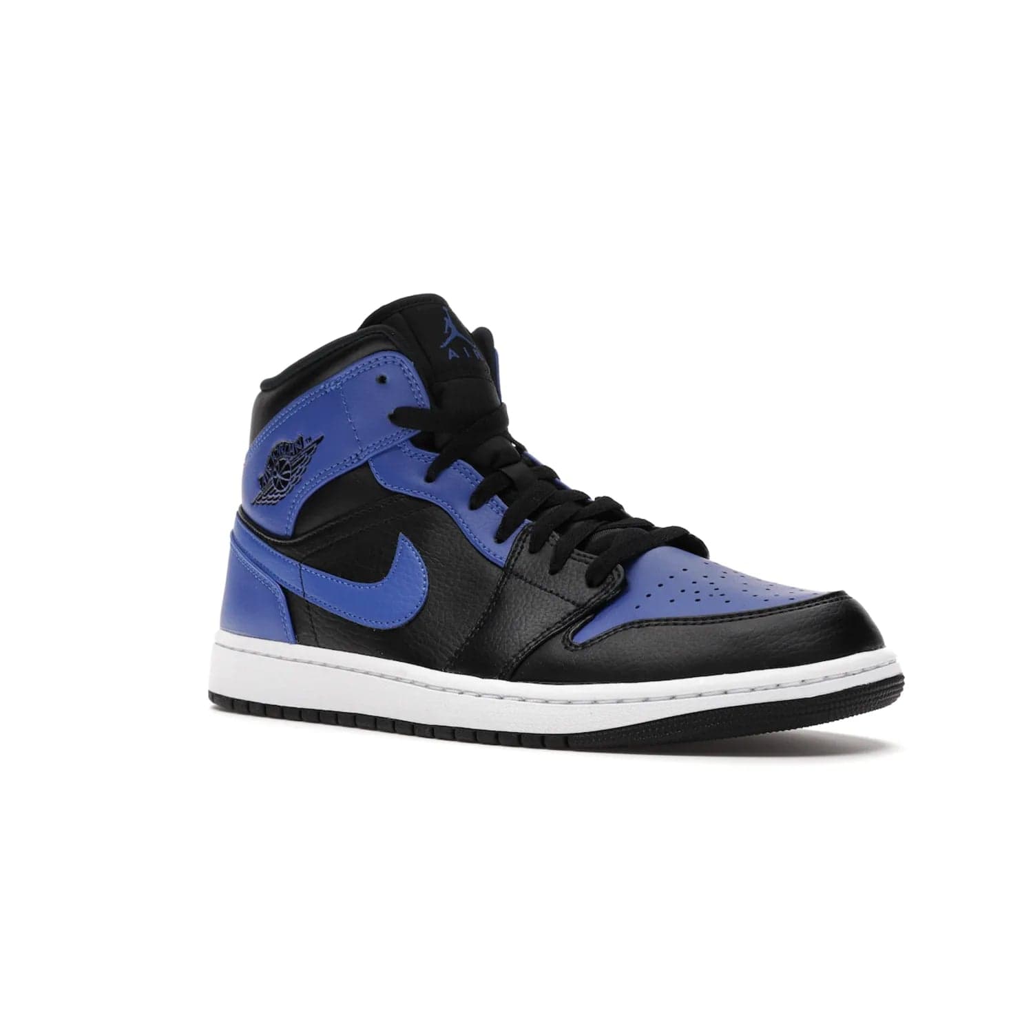 Jordan 1 Mid Hyper Royal Tumbled Leather - Image 5 - Only at www.BallersClubKickz.com - Iconic colorway of the Air Jordan 1 Mid Black Royal Tumbled Leather. Features a black tumbled leather upper, royal blue leather overlays, white midsole & black rubber outsole. Released December 2020. Adds premium style to any collection.