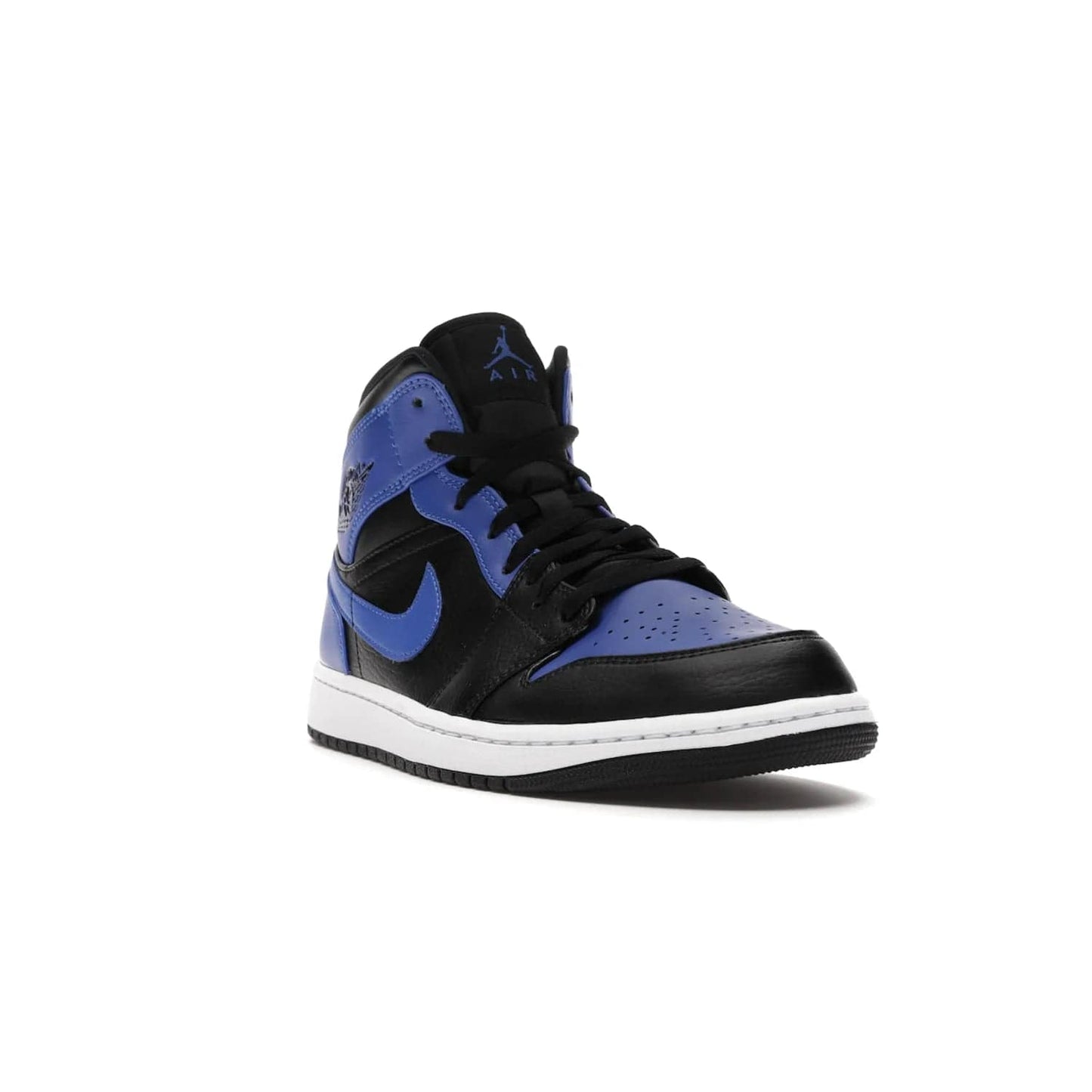 Jordan 1 Mid Hyper Royal Tumbled Leather - Image 7 - Only at www.BallersClubKickz.com - Iconic colorway of the Air Jordan 1 Mid Black Royal Tumbled Leather. Features a black tumbled leather upper, royal blue leather overlays, white midsole & black rubber outsole. Released December 2020. Adds premium style to any collection.