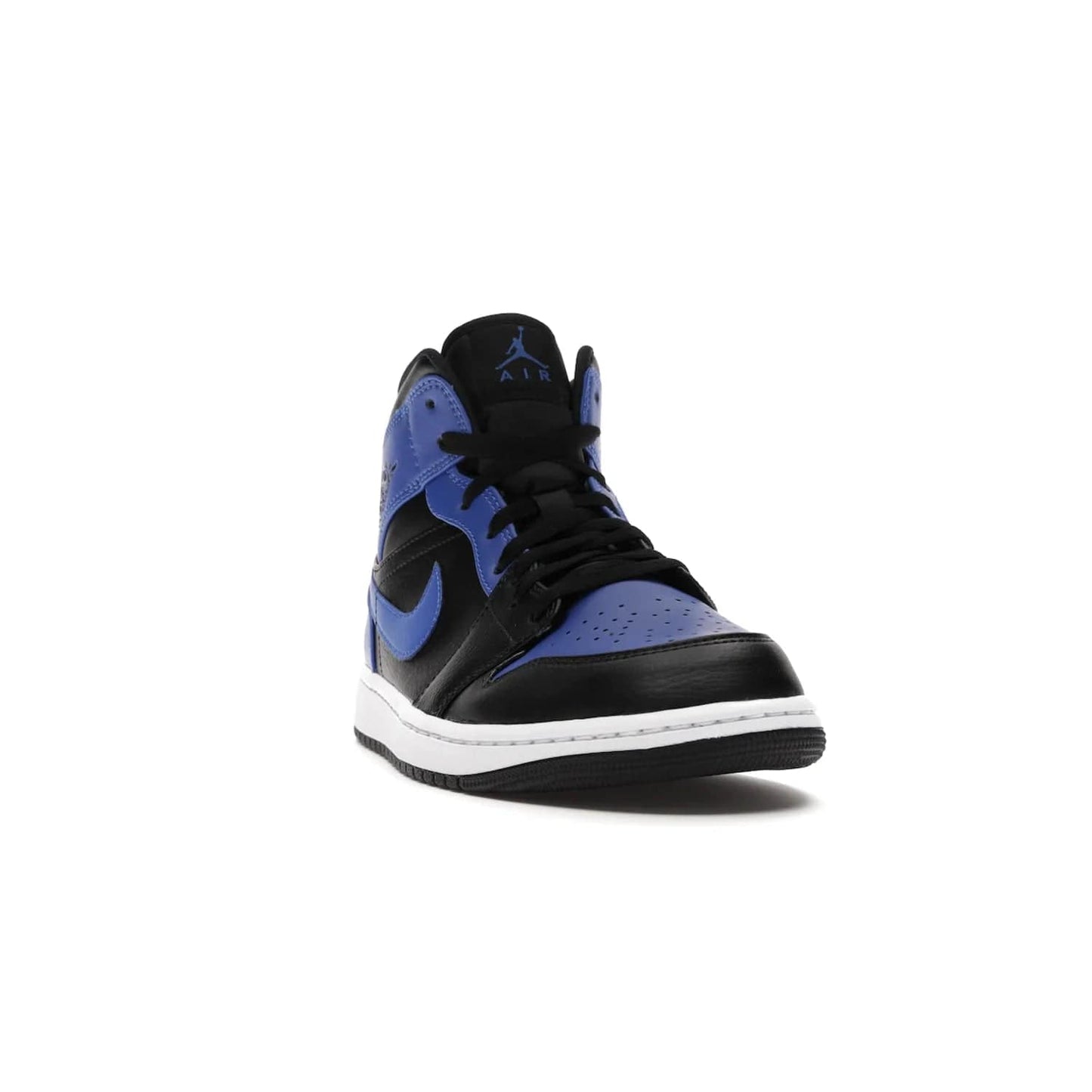 Jordan 1 Mid Hyper Royal Tumbled Leather - Image 8 - Only at www.BallersClubKickz.com - Iconic colorway of the Air Jordan 1 Mid Black Royal Tumbled Leather. Features a black tumbled leather upper, royal blue leather overlays, white midsole & black rubber outsole. Released December 2020. Adds premium style to any collection.