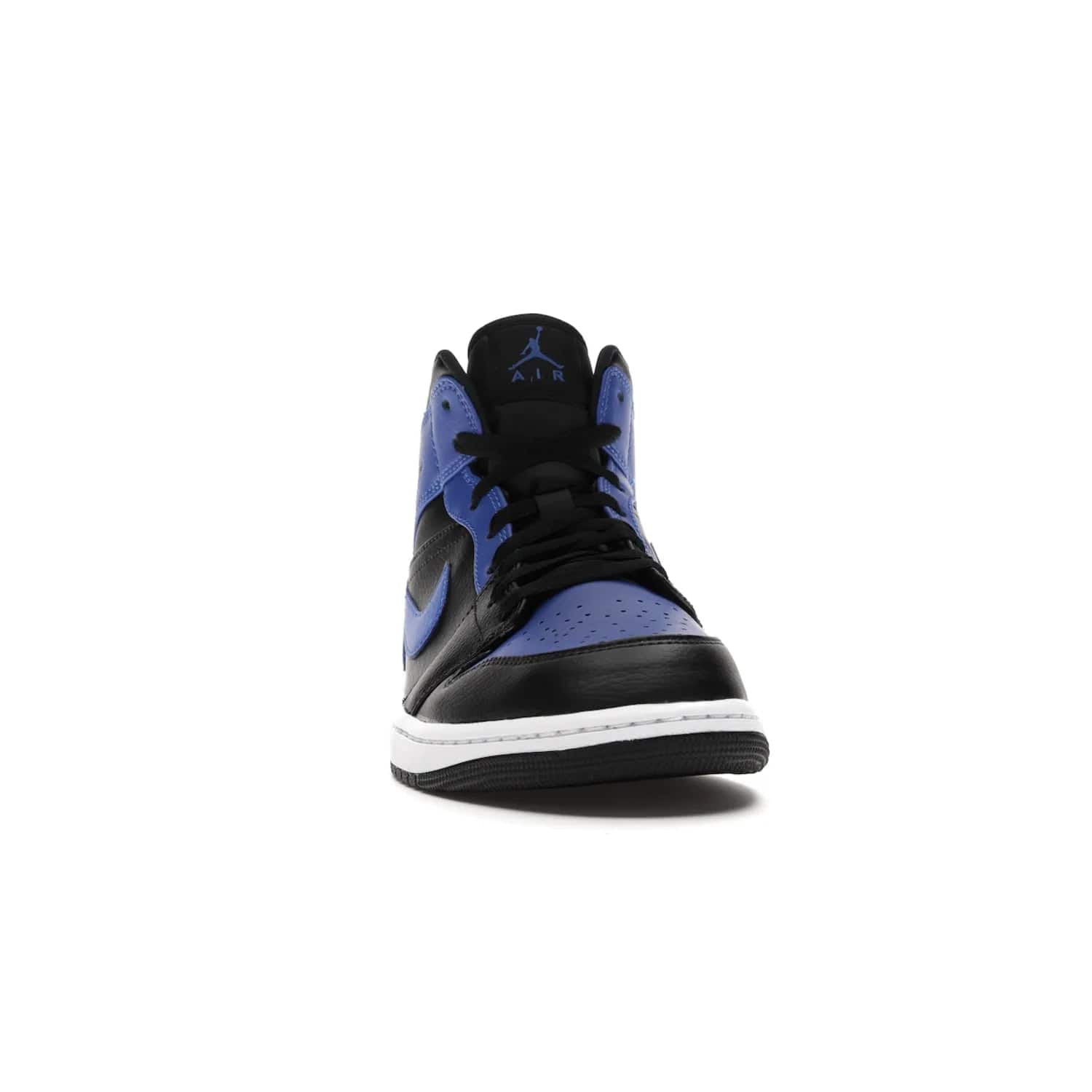 Jordan 1 Mid Hyper Royal Tumbled Leather - Image 9 - Only at www.BallersClubKickz.com - Iconic colorway of the Air Jordan 1 Mid Black Royal Tumbled Leather. Features a black tumbled leather upper, royal blue leather overlays, white midsole & black rubber outsole. Released December 2020. Adds premium style to any collection.