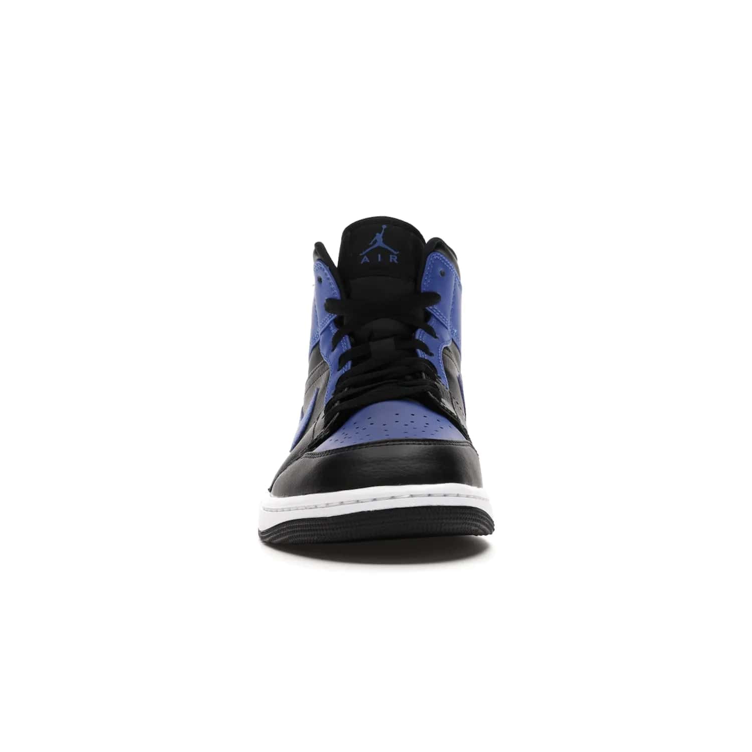 Jordan 1 Mid Hyper Royal Tumbled Leather - Image 10 - Only at www.BallersClubKickz.com - Iconic colorway of the Air Jordan 1 Mid Black Royal Tumbled Leather. Features a black tumbled leather upper, royal blue leather overlays, white midsole & black rubber outsole. Released December 2020. Adds premium style to any collection.