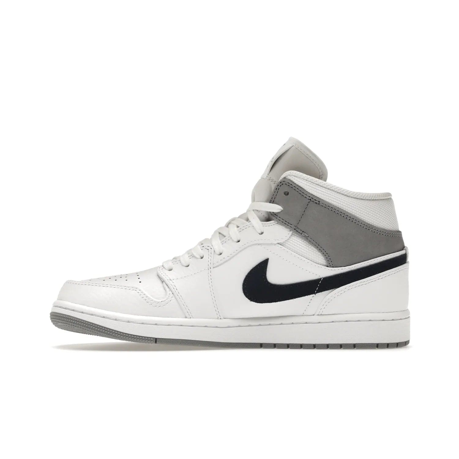 Jordan 1 Mid Paris White - Image 19 - Only at www.BallersClubKickz.com - Snag the Air Jordan 1 Mid Paris White to add a statement of sophistication to any sneaker collection. Featuring Nike swoosh logo in midnight navy suede and Jumpman symbol in University Red.