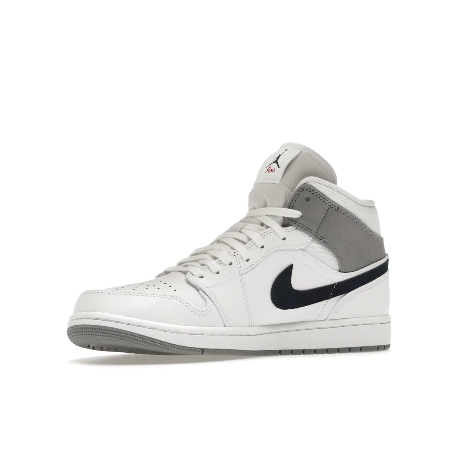 Jordan 1 Mid Paris White - Image 16 - Only at www.BallersClubKickz.com - Snag the Air Jordan 1 Mid Paris White to add a statement of sophistication to any sneaker collection. Featuring Nike swoosh logo in midnight navy suede and Jumpman symbol in University Red.