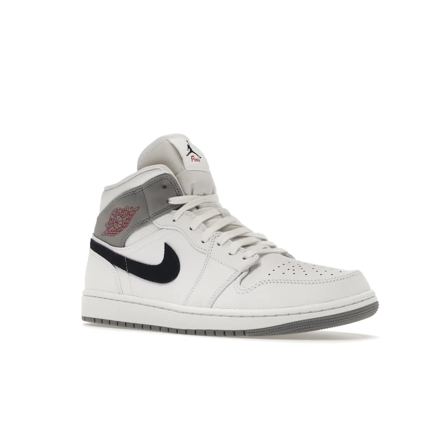 Jordan 1 Mid Paris White - Image 5 - Only at www.BallersClubKickz.com - Snag the Air Jordan 1 Mid Paris White to add a statement of sophistication to any sneaker collection. Featuring Nike swoosh logo in midnight navy suede and Jumpman symbol in University Red.