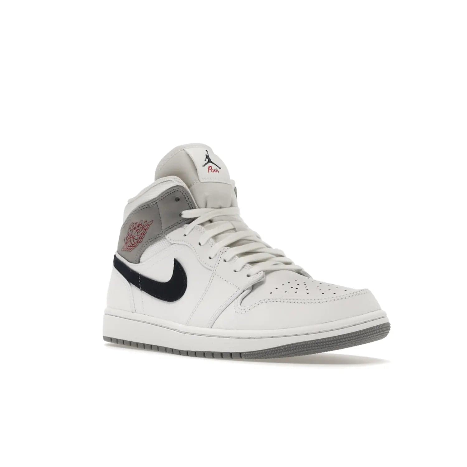 Jordan 1 Mid Paris White - Image 6 - Only at www.BallersClubKickz.com - Snag the Air Jordan 1 Mid Paris White to add a statement of sophistication to any sneaker collection. Featuring Nike swoosh logo in midnight navy suede and Jumpman symbol in University Red.