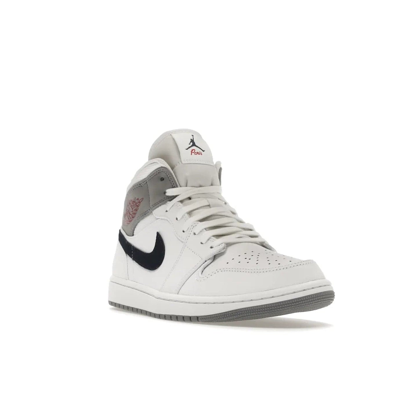 Jordan 1 Mid Paris White - Image 7 - Only at www.BallersClubKickz.com - Snag the Air Jordan 1 Mid Paris White to add a statement of sophistication to any sneaker collection. Featuring Nike swoosh logo in midnight navy suede and Jumpman symbol in University Red.
