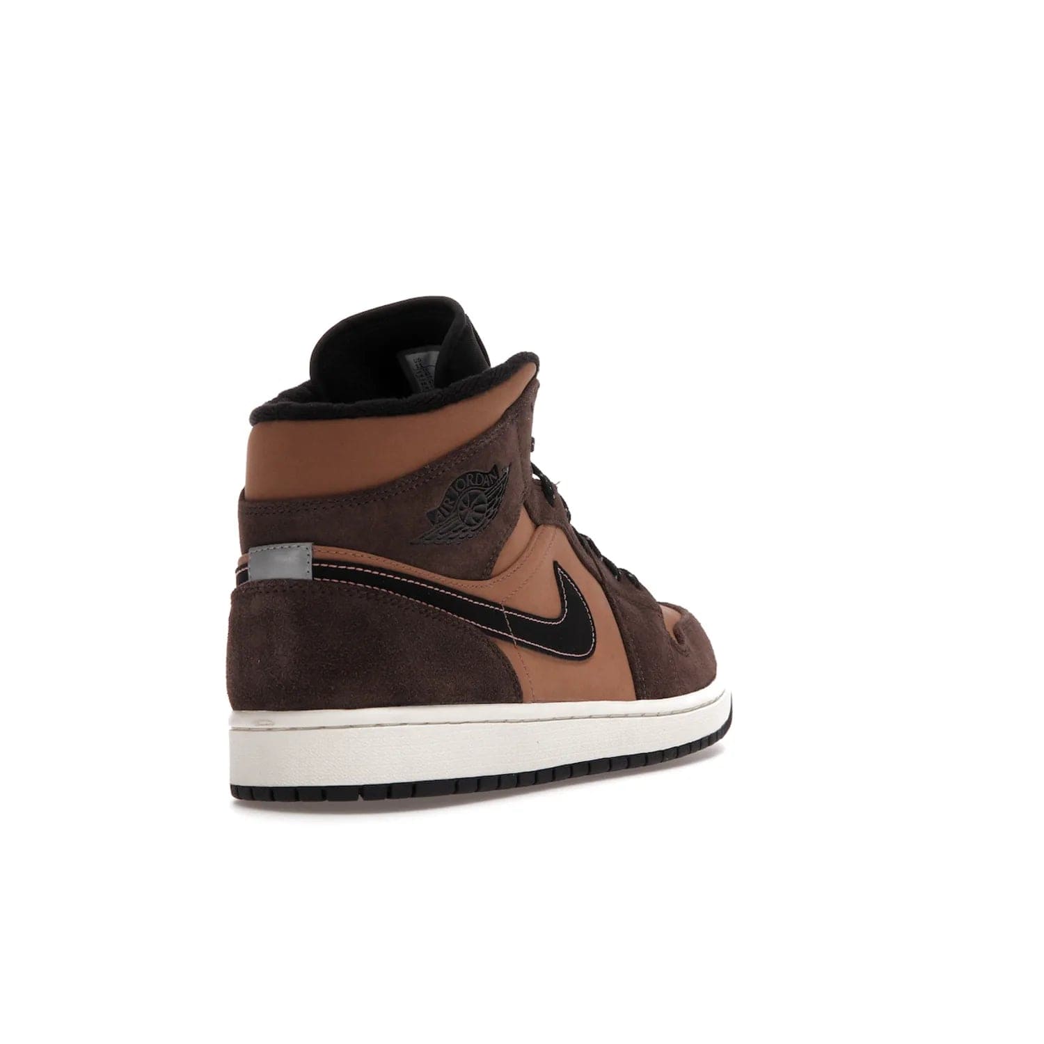 Jordan 1 Mid SE Dark Chocolate - Image 31 - Only at www.BallersClubKickz.com - This fashionable and functional Jordan 1 Mid SE Dark Chocolate features a light brown Durabuck upper, dark brown suede overlays, black Swoosh logos and reflective patch at heel. A must-have for any sneakerhead!
