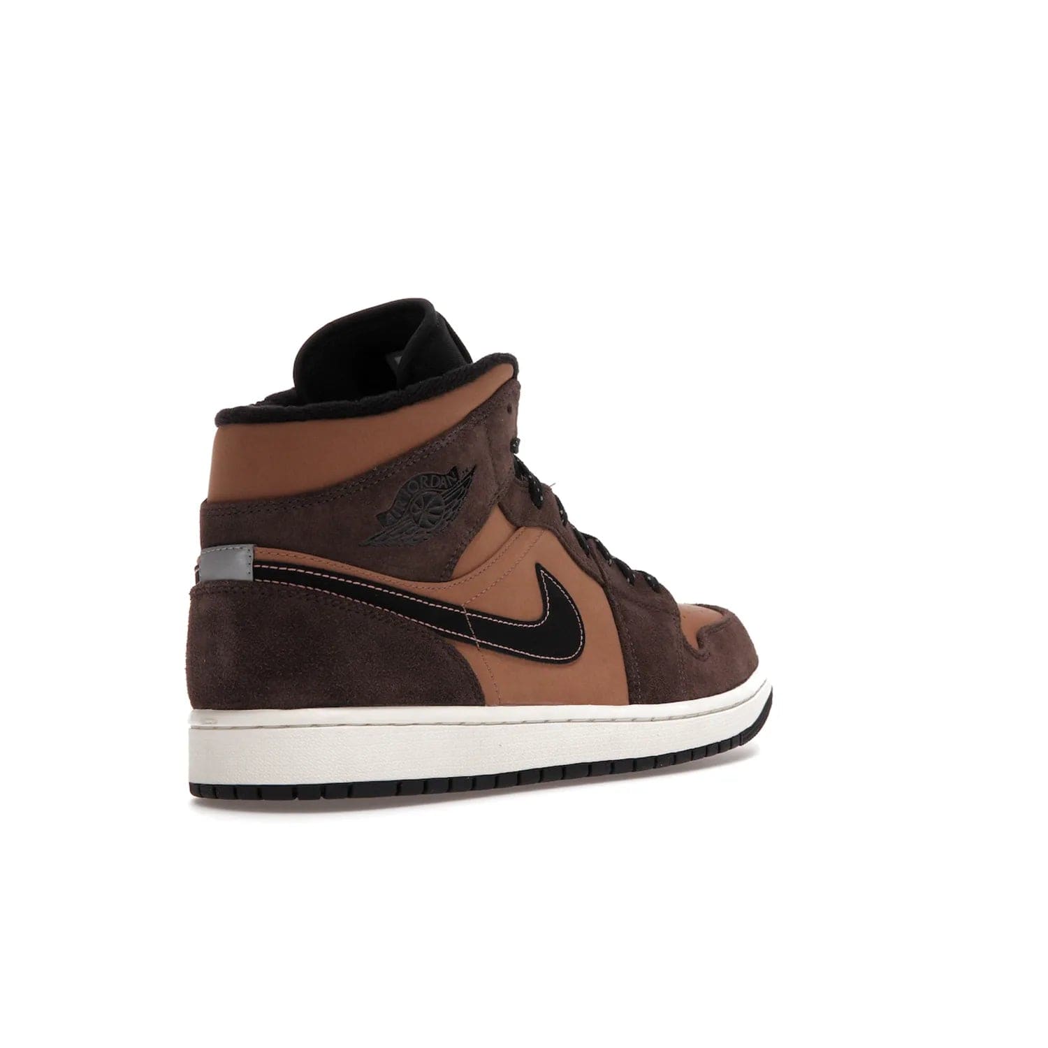 Jordan 1 Mid SE Dark Chocolate - Image 32 - Only at www.BallersClubKickz.com - This fashionable and functional Jordan 1 Mid SE Dark Chocolate features a light brown Durabuck upper, dark brown suede overlays, black Swoosh logos and reflective patch at heel. A must-have for any sneakerhead!
