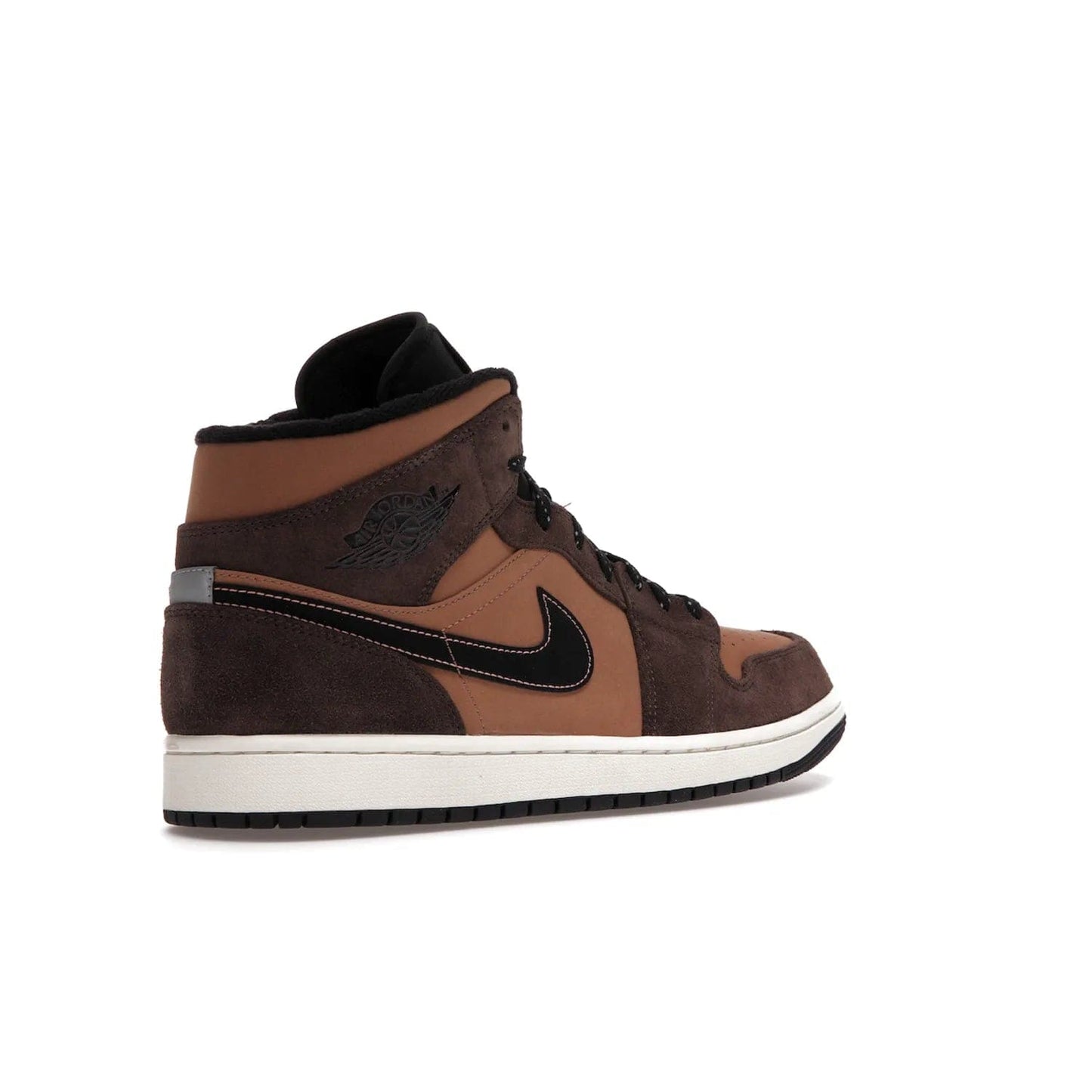 Jordan 1 Mid SE Dark Chocolate - Image 33 - Only at www.BallersClubKickz.com - This fashionable and functional Jordan 1 Mid SE Dark Chocolate features a light brown Durabuck upper, dark brown suede overlays, black Swoosh logos and reflective patch at heel. A must-have for any sneakerhead!