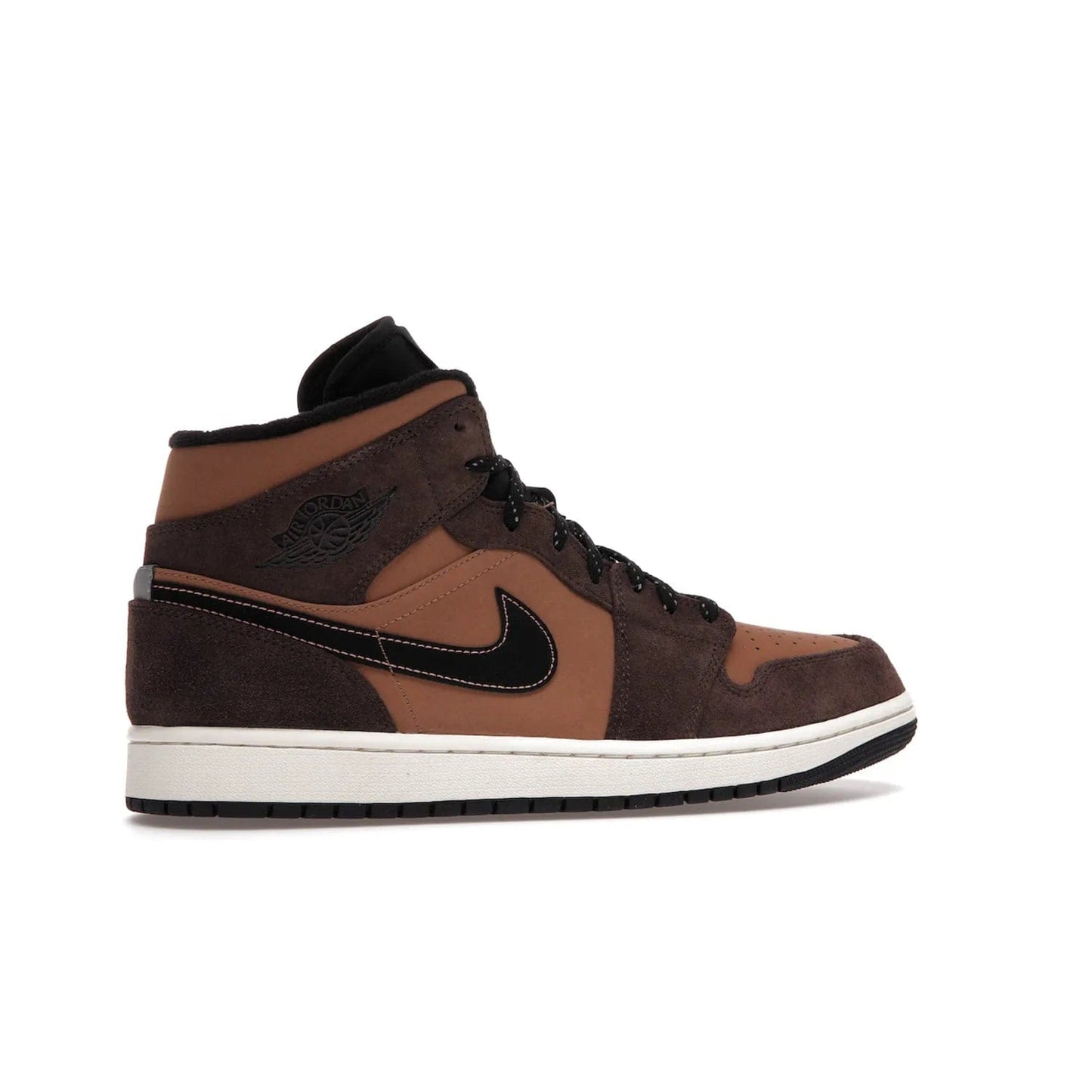 Jordan 1 Mid SE Dark Chocolate - Image 35 - Only at www.BallersClubKickz.com - This fashionable and functional Jordan 1 Mid SE Dark Chocolate features a light brown Durabuck upper, dark brown suede overlays, black Swoosh logos and reflective patch at heel. A must-have for any sneakerhead!