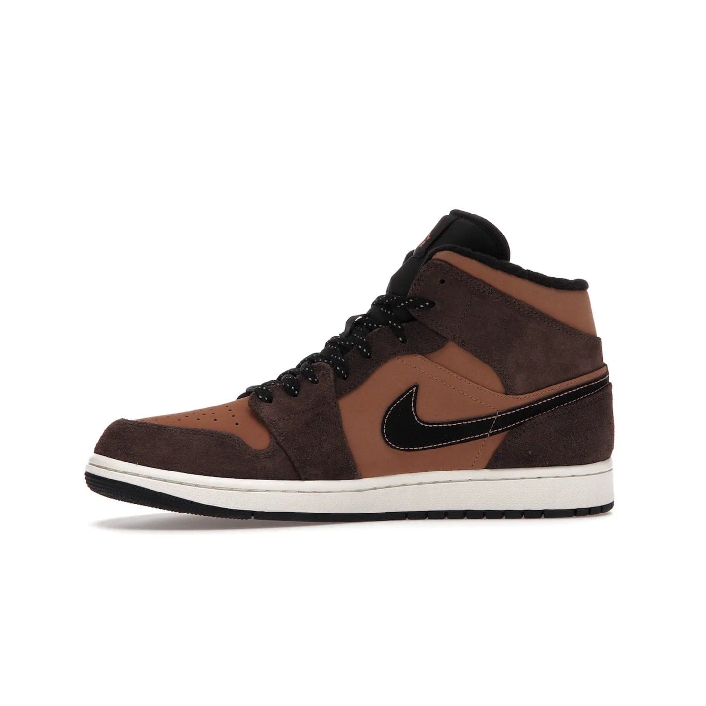 Jordan 1 Mid SE Dark Chocolate - Image 18 - Only at www.BallersClubKickz.com - This fashionable and functional Jordan 1 Mid SE Dark Chocolate features a light brown Durabuck upper, dark brown suede overlays, black Swoosh logos and reflective patch at heel. A must-have for any sneakerhead!