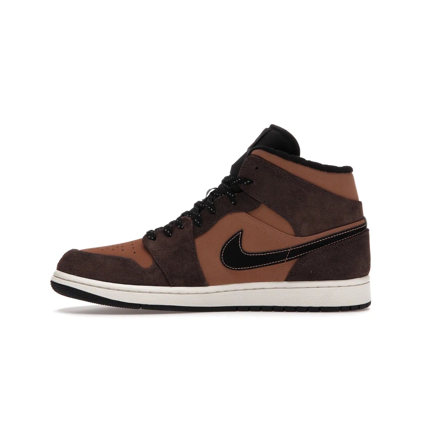 Jordan 1 Mid SE Dark Chocolate - Image 19 - Only at www.BallersClubKickz.com - This fashionable and functional Jordan 1 Mid SE Dark Chocolate features a light brown Durabuck upper, dark brown suede overlays, black Swoosh logos and reflective patch at heel. A must-have for any sneakerhead!