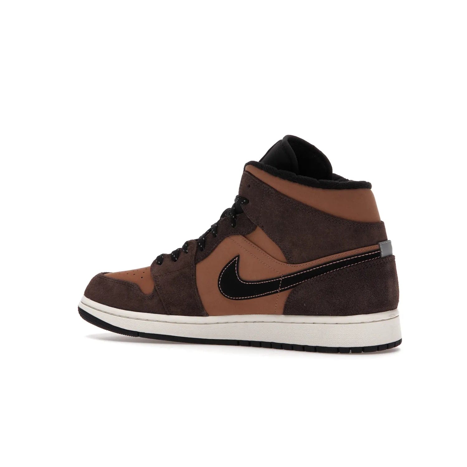 Jordan 1 Mid SE Dark Chocolate - Image 22 - Only at www.BallersClubKickz.com - This fashionable and functional Jordan 1 Mid SE Dark Chocolate features a light brown Durabuck upper, dark brown suede overlays, black Swoosh logos and reflective patch at heel. A must-have for any sneakerhead!