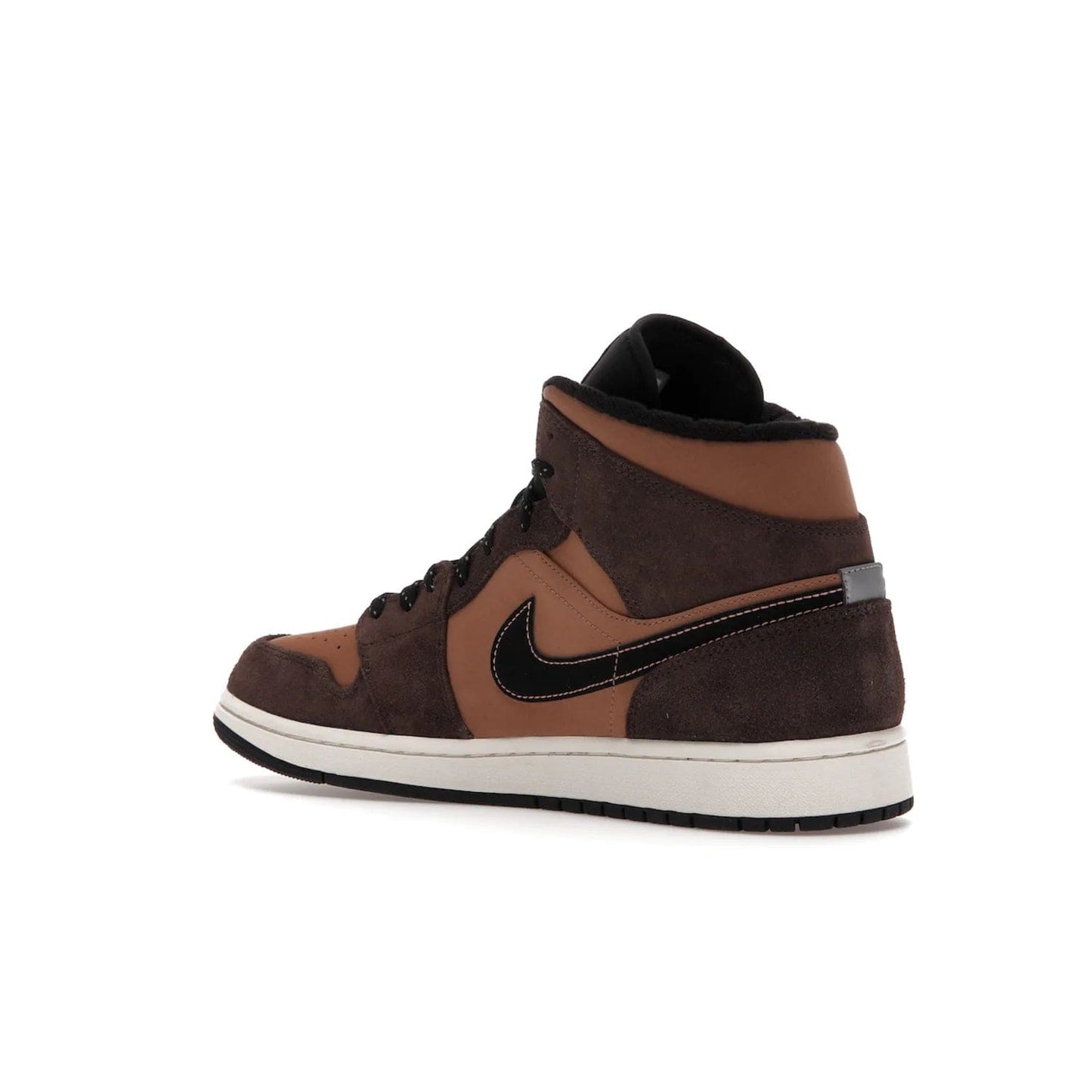 Jordan 1 Mid SE Dark Chocolate - Image 23 - Only at www.BallersClubKickz.com - This fashionable and functional Jordan 1 Mid SE Dark Chocolate features a light brown Durabuck upper, dark brown suede overlays, black Swoosh logos and reflective patch at heel. A must-have for any sneakerhead!