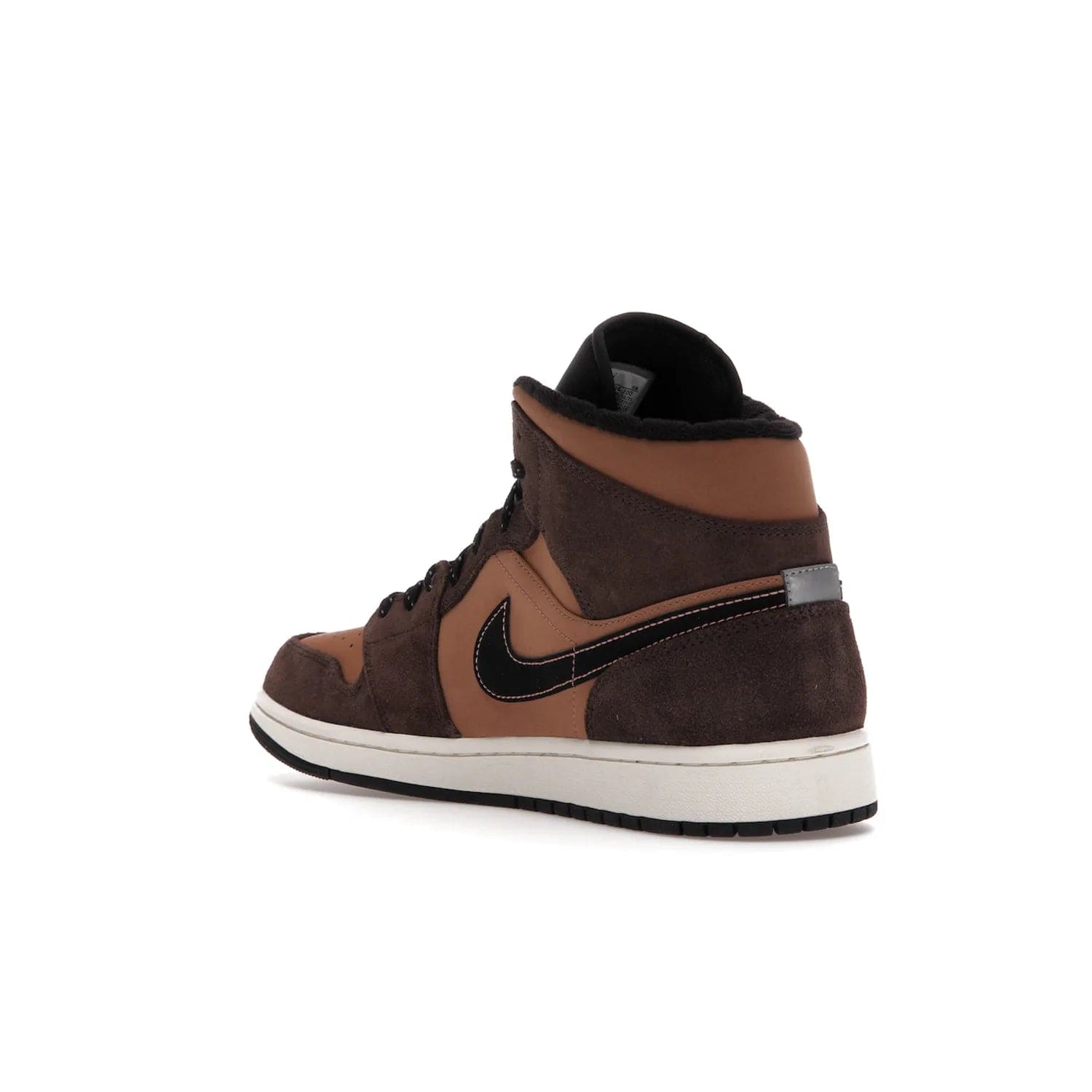 Jordan 1 Mid SE Dark Chocolate - Image 24 - Only at www.BallersClubKickz.com - This fashionable and functional Jordan 1 Mid SE Dark Chocolate features a light brown Durabuck upper, dark brown suede overlays, black Swoosh logos and reflective patch at heel. A must-have for any sneakerhead!