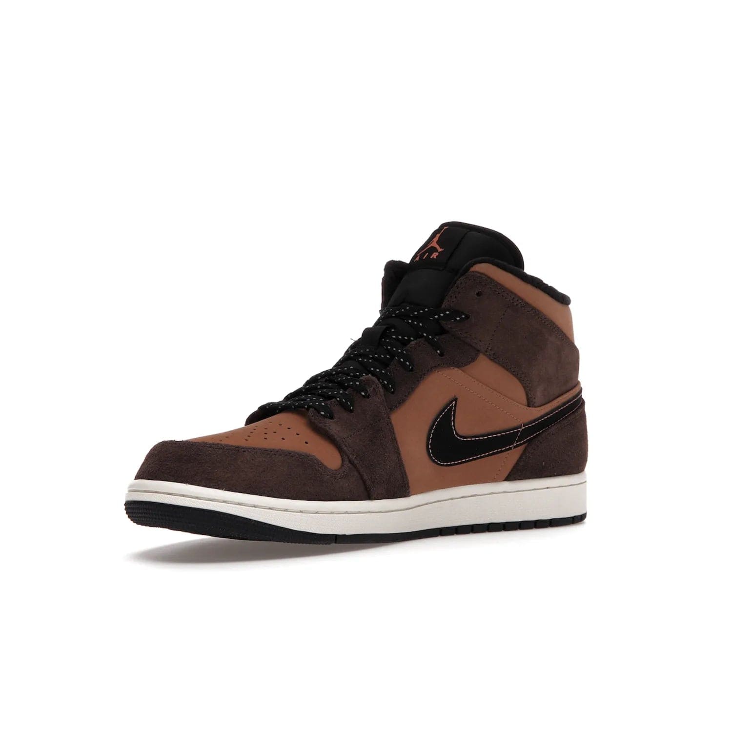 Jordan 1 Mid SE Dark Chocolate - Image 15 - Only at www.BallersClubKickz.com - This fashionable and functional Jordan 1 Mid SE Dark Chocolate features a light brown Durabuck upper, dark brown suede overlays, black Swoosh logos and reflective patch at heel. A must-have for any sneakerhead!