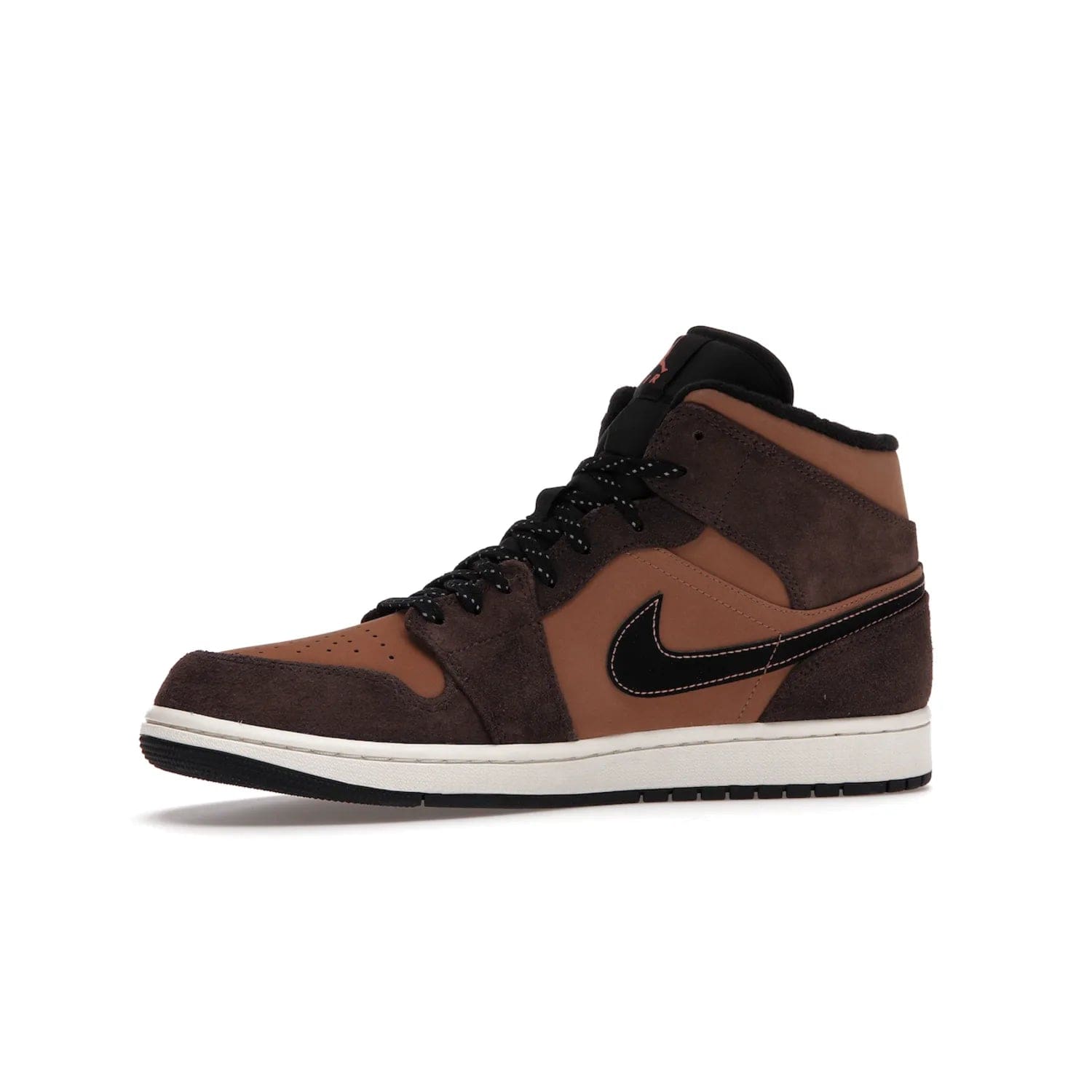 Jordan 1 Mid SE Dark Chocolate - Image 17 - Only at www.BallersClubKickz.com - This fashionable and functional Jordan 1 Mid SE Dark Chocolate features a light brown Durabuck upper, dark brown suede overlays, black Swoosh logos and reflective patch at heel. A must-have for any sneakerhead!
