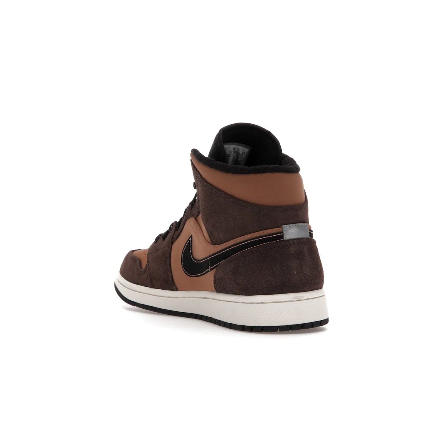 Jordan 1 Mid SE Dark Chocolate - Image 25 - Only at www.BallersClubKickz.com - This fashionable and functional Jordan 1 Mid SE Dark Chocolate features a light brown Durabuck upper, dark brown suede overlays, black Swoosh logos and reflective patch at heel. A must-have for any sneakerhead!